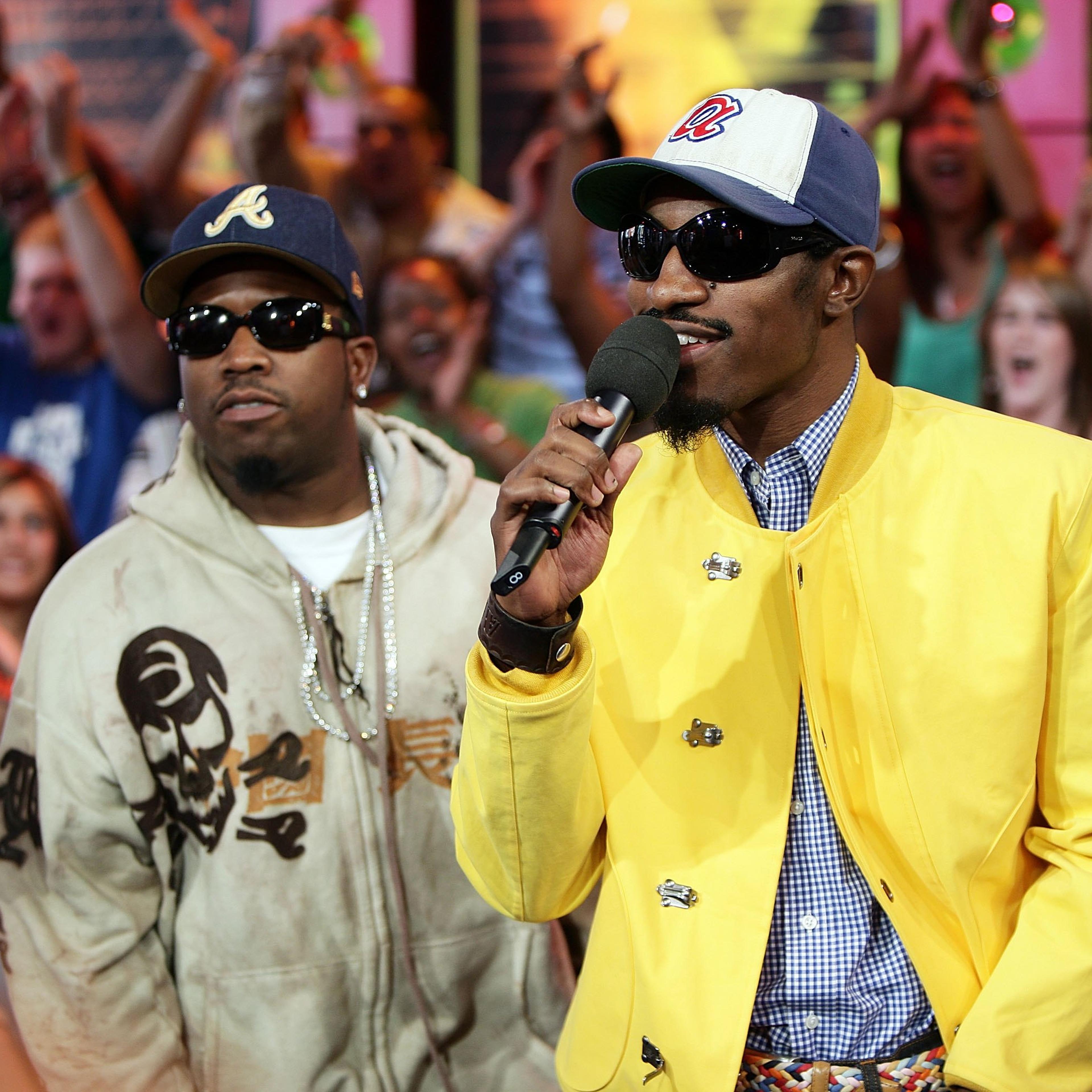 From left: Antwan A. (Big Boi) Patton and Andre (Andre 3000) Benjamin of Outkast onstage during MTV's Total Request Live at the MTV Times Square Studios on Aug. 22, 2006 in New York City.
