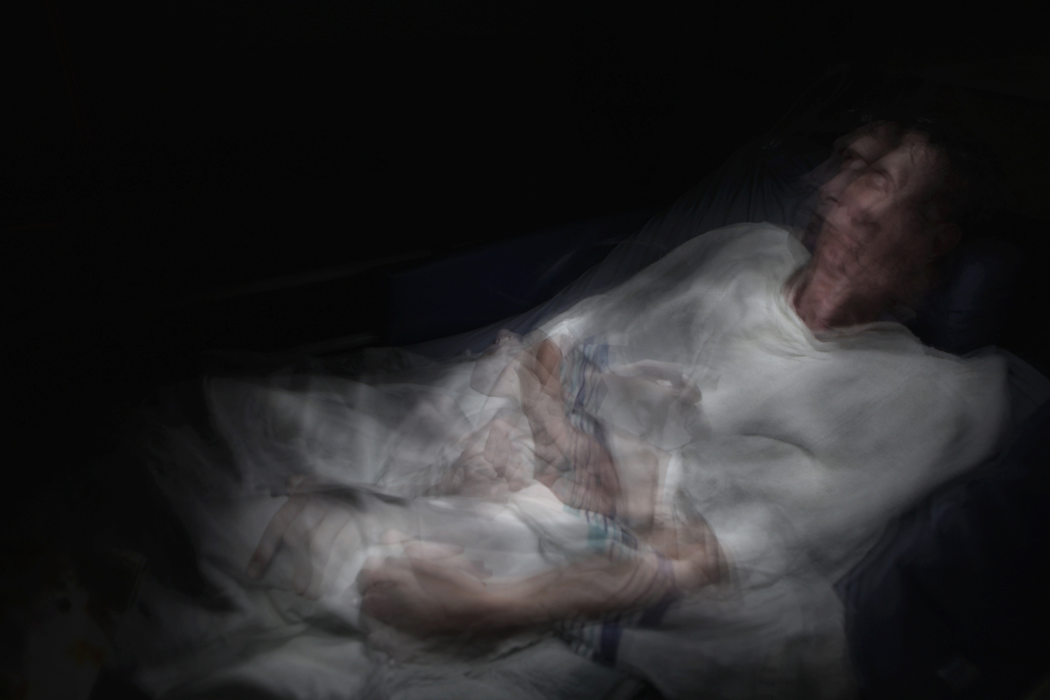Rabbi Ronnie Cahana. Montreal, Canada, 2013.
<br><br>"You have to believe you're paralyzed to play the part of a quadriplegic;  I don't. In my mind and in my dreams every night I Chagall-man float over the city, twirl and swirl. With my toes kissing the floor. I know nothing about this statement of man without motion. Everything has motion. The heart pumps, the bloods race course, the lungs culminate, the body heaves, the mouth moves, the eyes turn inside-out. We never stagnate. Life triumphs up and down." —<i>Rabbi Cahana</i>