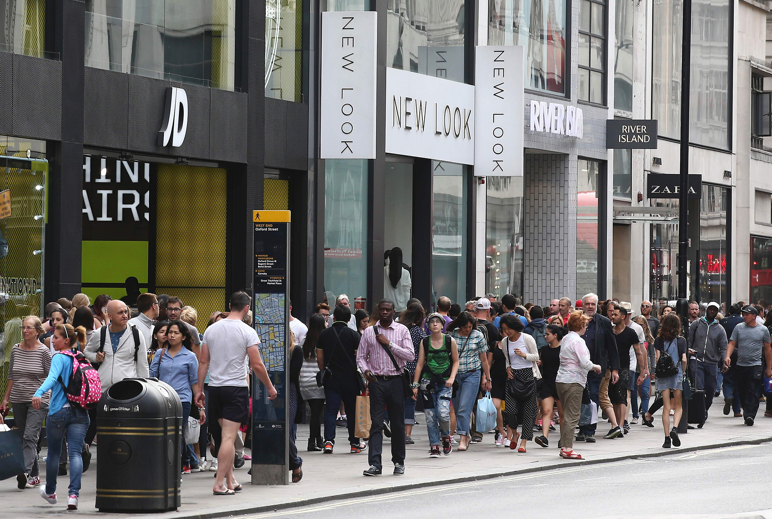Retail shops on Oxford Street in central London on Aug. 18, 2016.