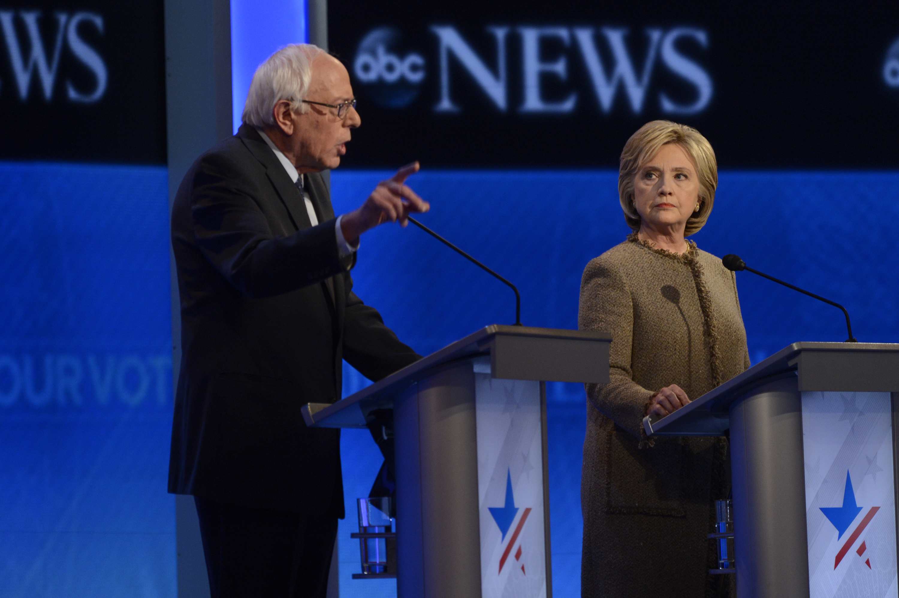 Hillary Clinton and Bernie Sanders at the Democratic Presidential debate at St. Anselm College in Manchester, NH on Dec. 19, 2015.