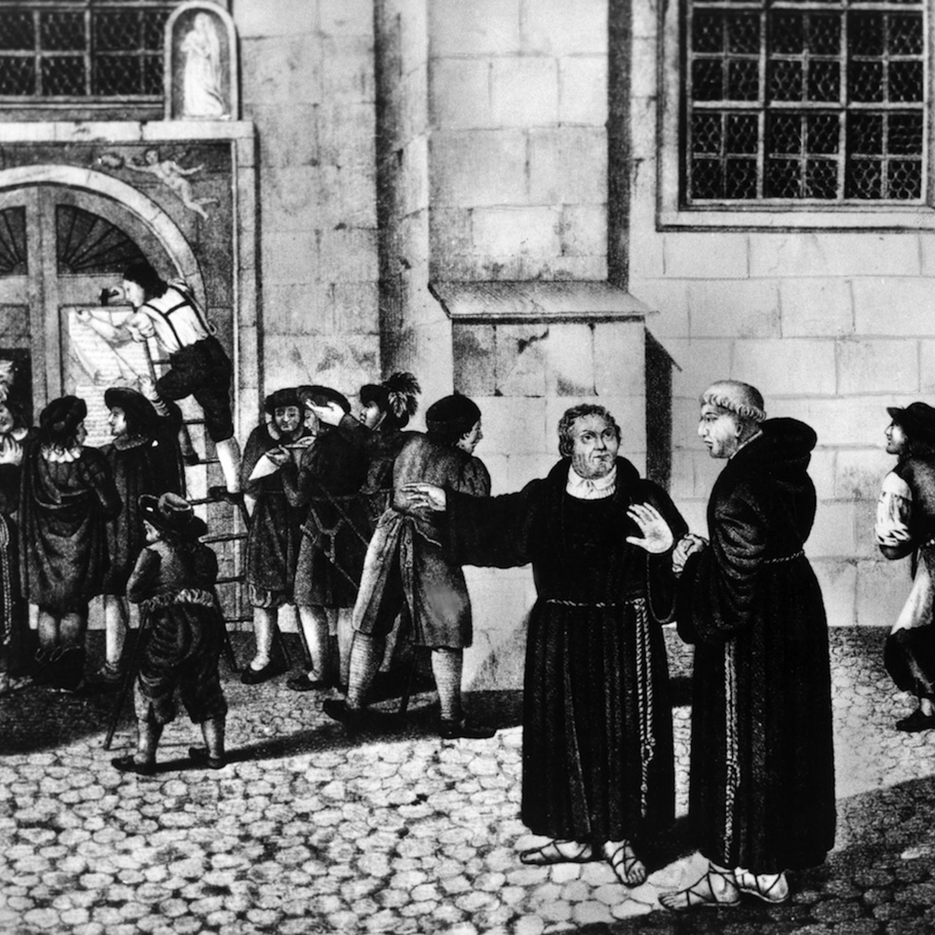 Luther, Martin - Priest, Reformer, D *10.11.1483-18.02.1546+ - graphic illustration of the posting of the Ninety-Five Theses at the Castle Church in Wittenberg - about 1960 Vintage property of ullstein bild