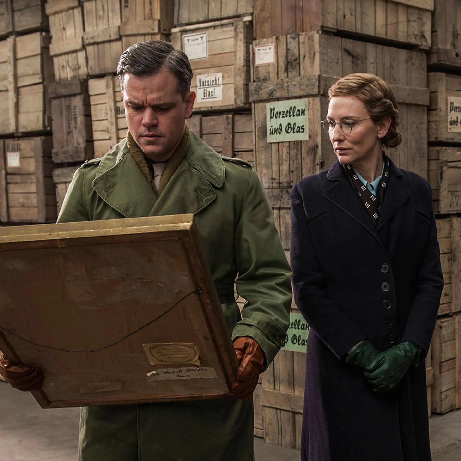 Matt Damon and Kate Blanchett in Columbia Pictures' The Monument's Men.