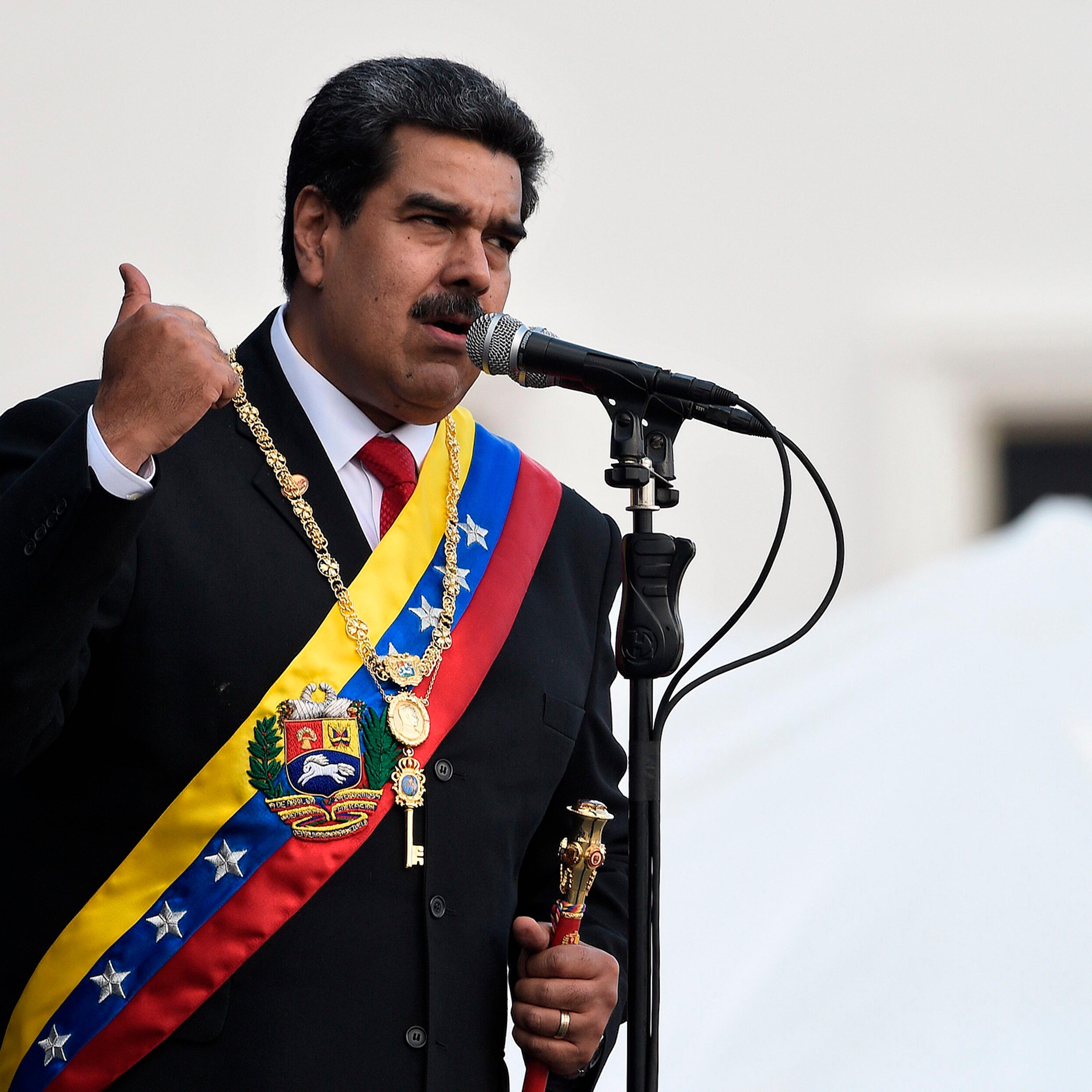 Venezuela's President Nicolas Maduro delivers a speech during the ceremony of recognition by the Bolivarian National Armed Forces (FANB) after being sworn in for a second term, at the Fuerte Tiuna Military Complex, in Caracas on January 10, 2019.