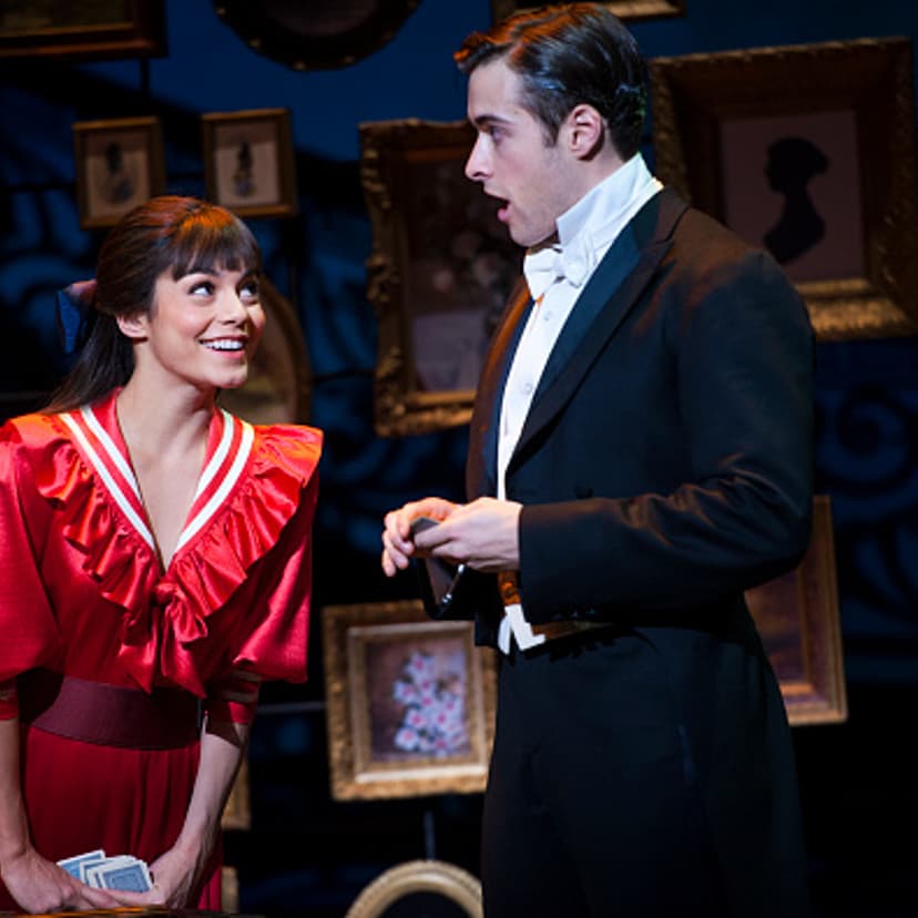Vanessa Hudgens (L) and Corey Cott (R) rehearse a scene of 'Gigi' at the Kennedy Center in Washington on Jan. 15, 2015.