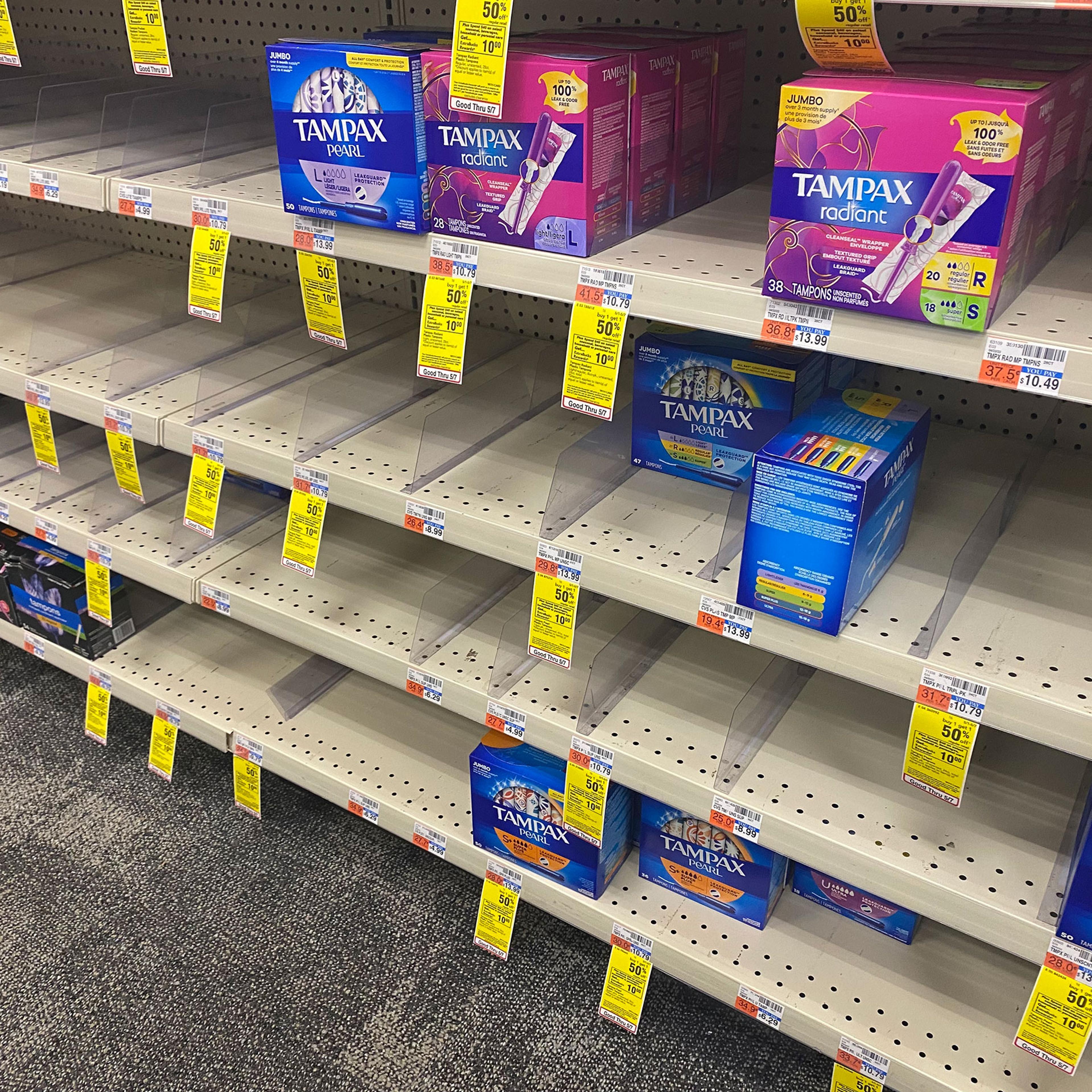 Almost empty shelves at a CVS in Croton-on-Hudson, NY on May 6.