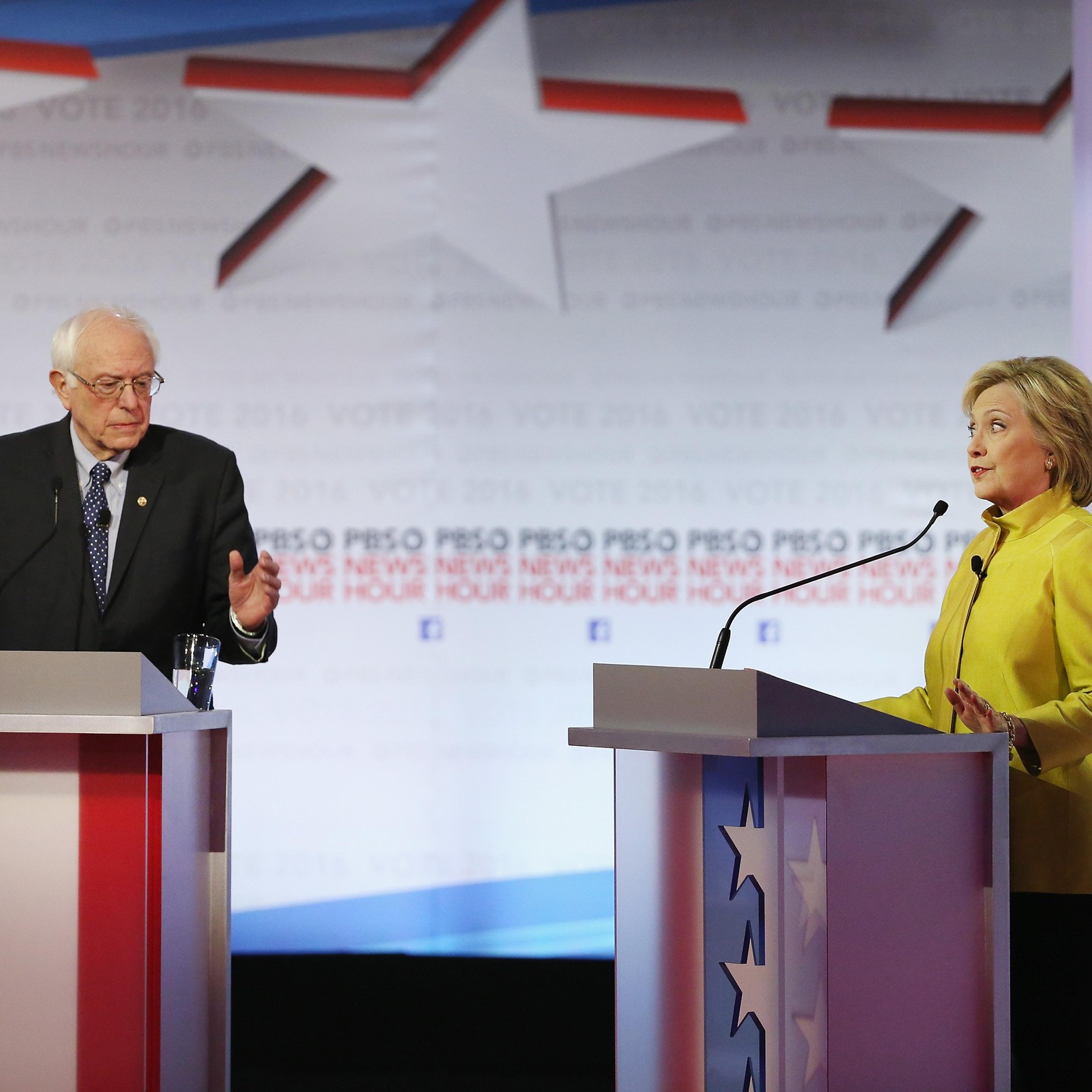 Democratic presidential candidates Senator Bernie Sanders and Hillary Clinton participate in the PBS NewsHour Democratic debate at the University of Wisconsin-Milwaukee on Feb. 11, 2016 in Milwaukee.