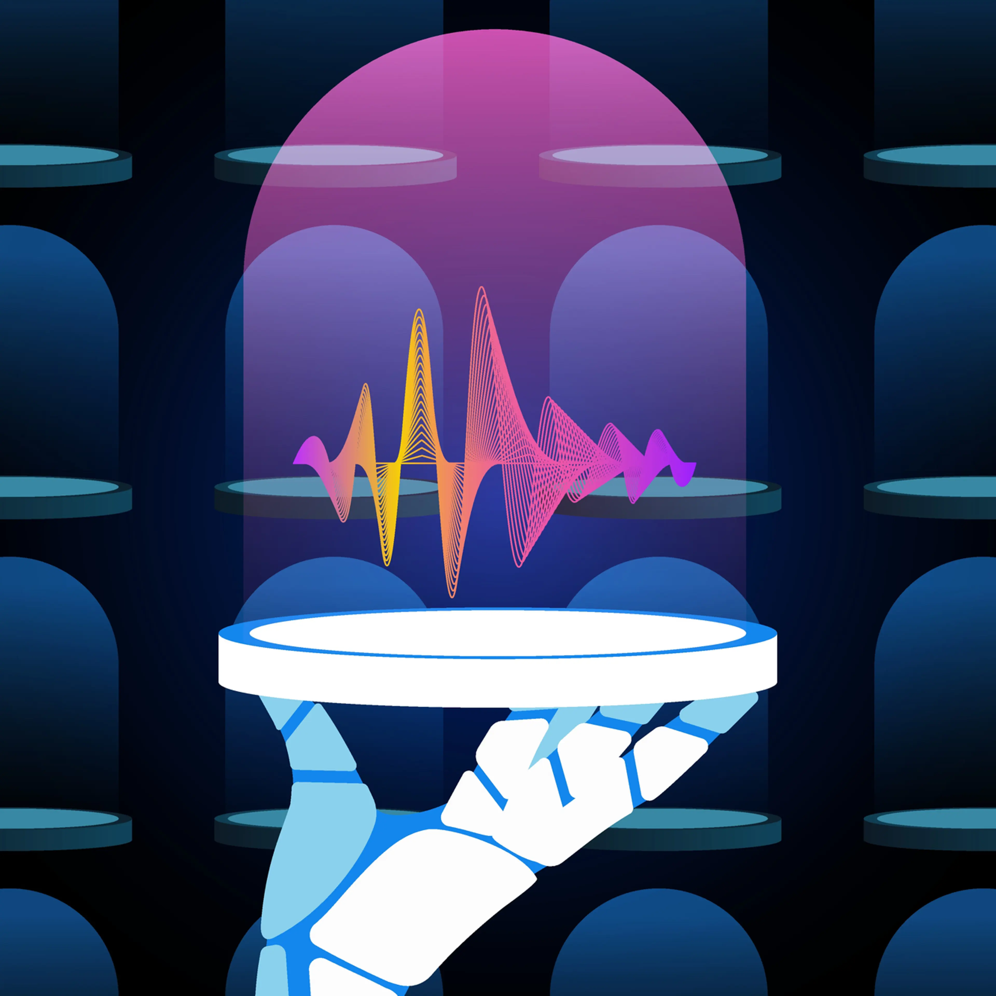 Robotic hand holding glass dome with a sample of voice vector illustration