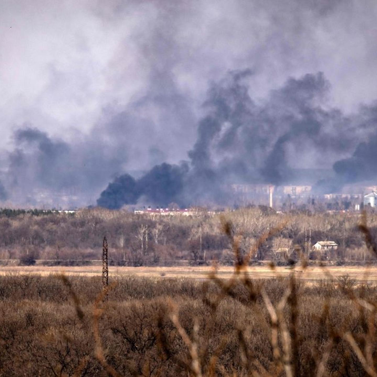Smoke rises over the town of Rubizhne, Donbas region, on April 7, 2022, amid Russia's military invasion launched on Ukraine.