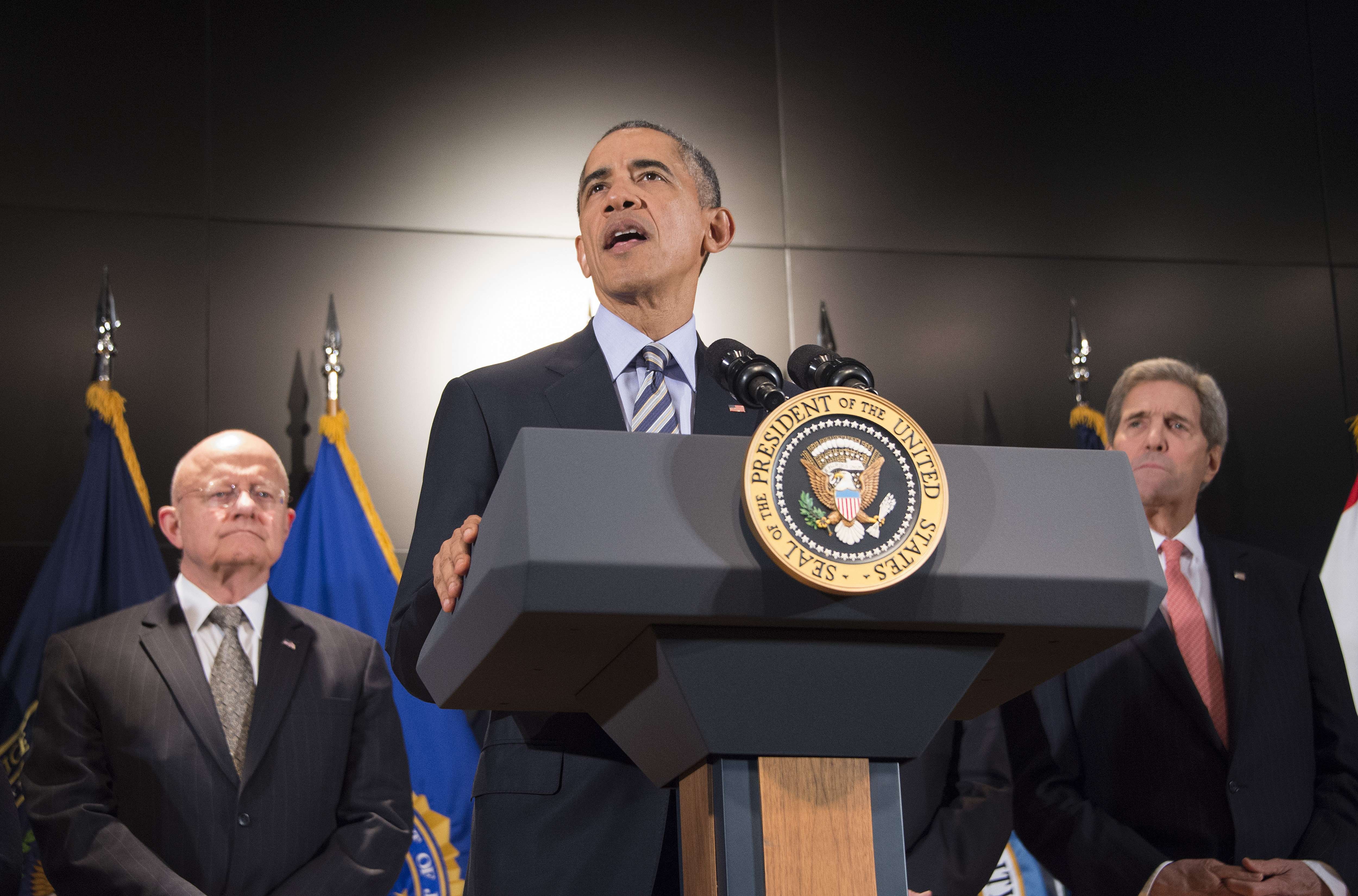 President Barack Obama delivers remarks after a national security team meeting at the National Counterterrorism Center in McLean, Virginia on Dec. 17, 2015.