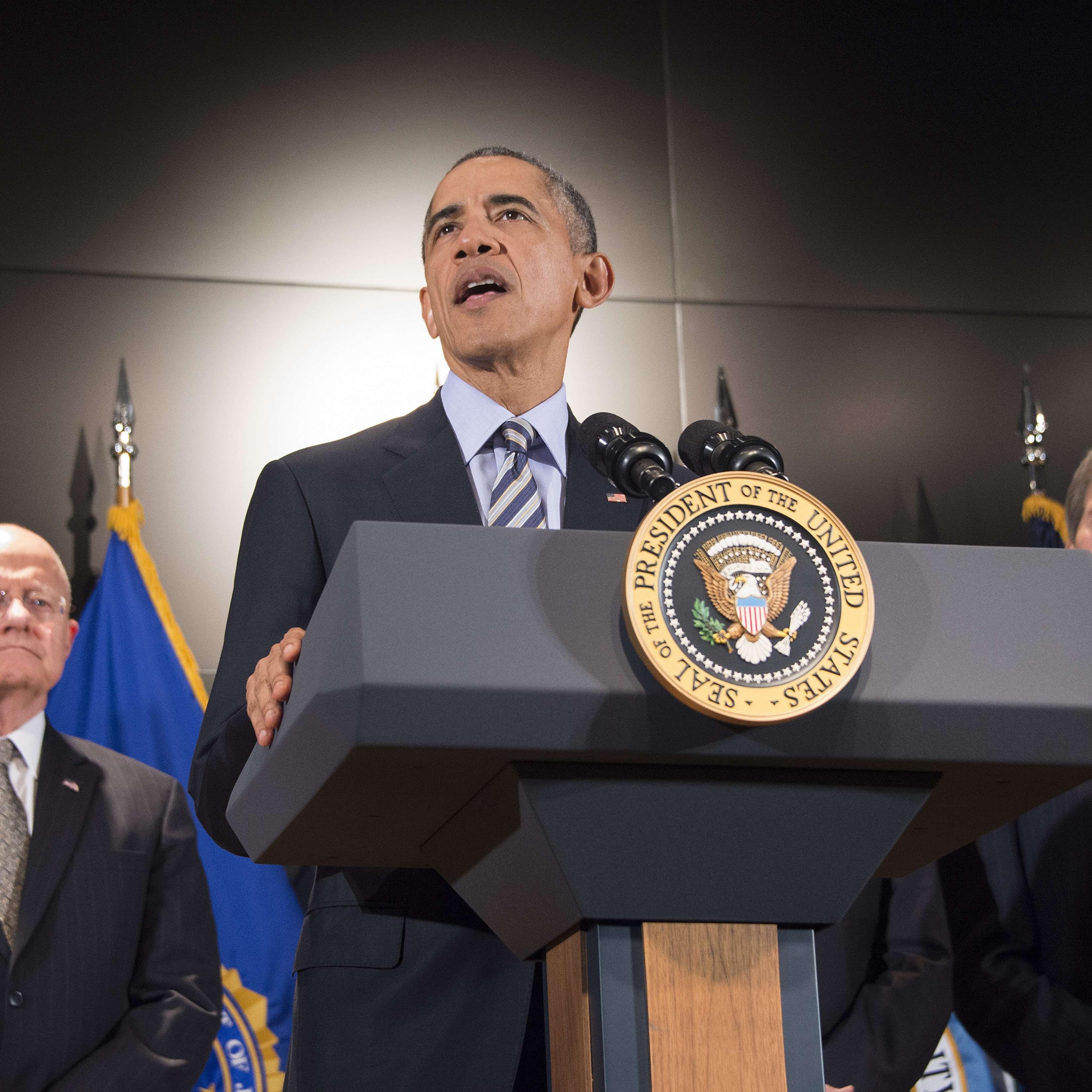 President Barack Obama delivers remarks after a national security team meeting at the National Counterterrorism Center in McLean, Virginia on Dec. 17, 2015.