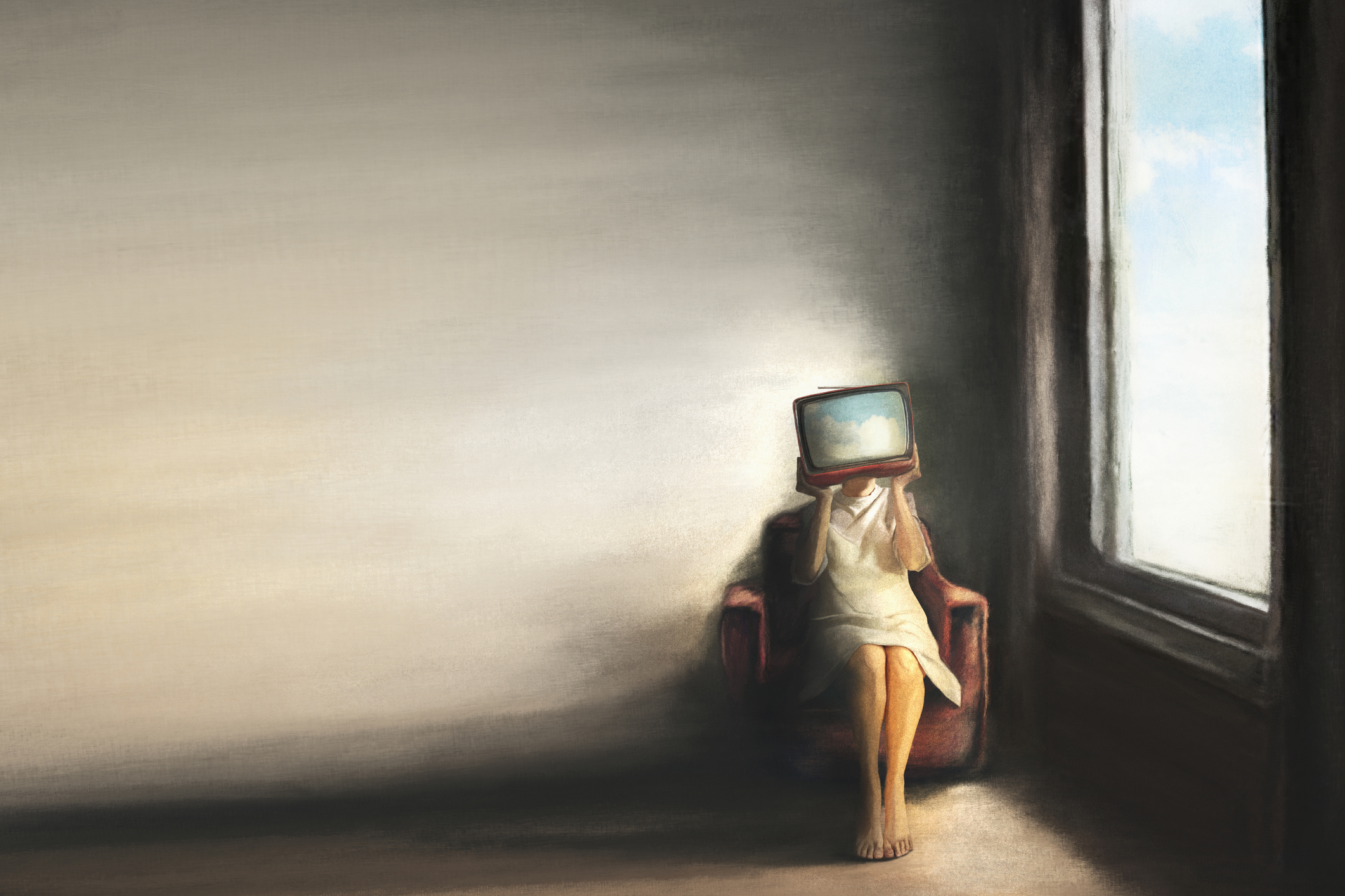 surreal illustration of a woman with her head hidden by a tv projecting a sky