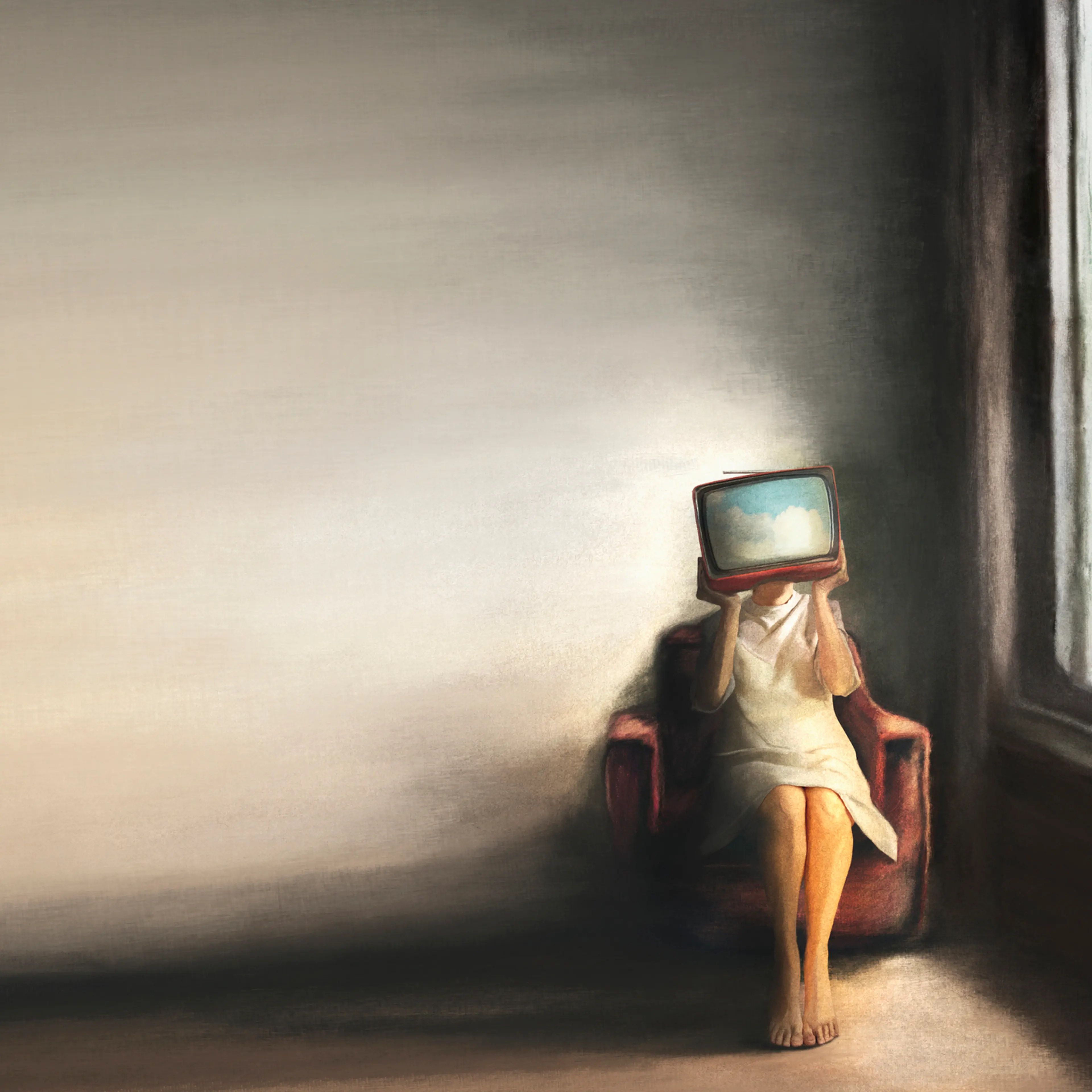 surreal illustration of a woman with her head hidden by a tv projecting a sky