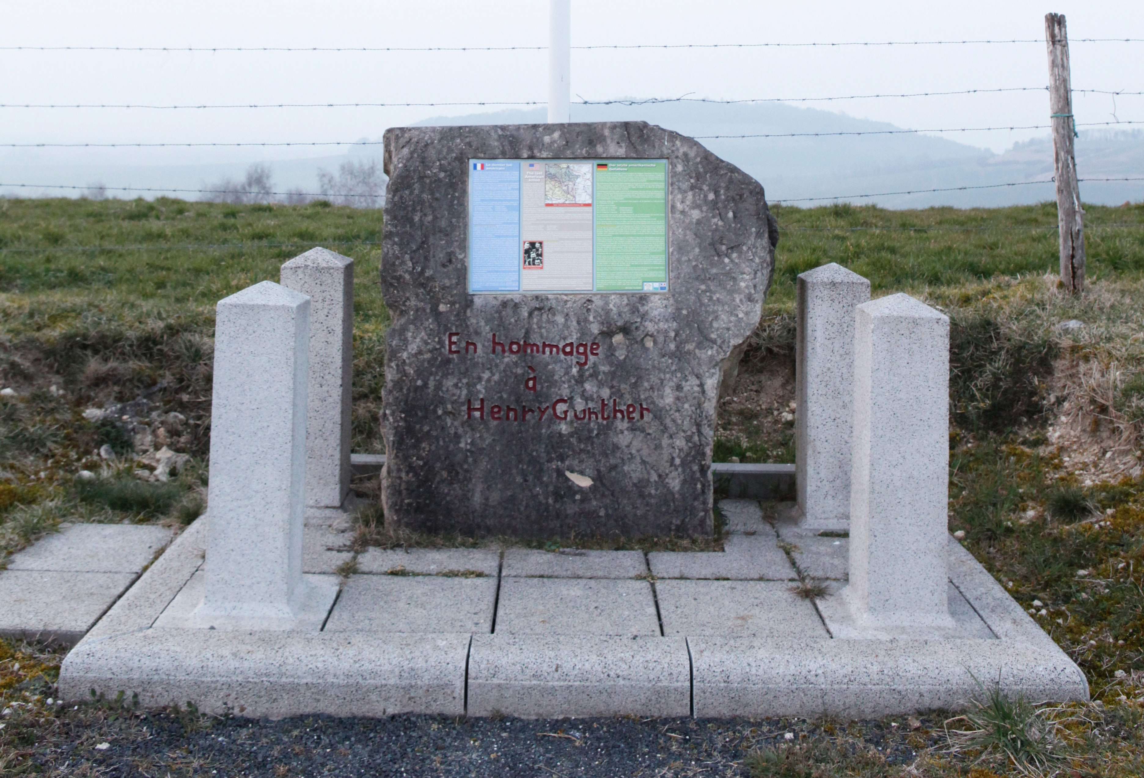 A memorial stone for U.S. soldier Henry Gunther in Verdun, Germany. 
