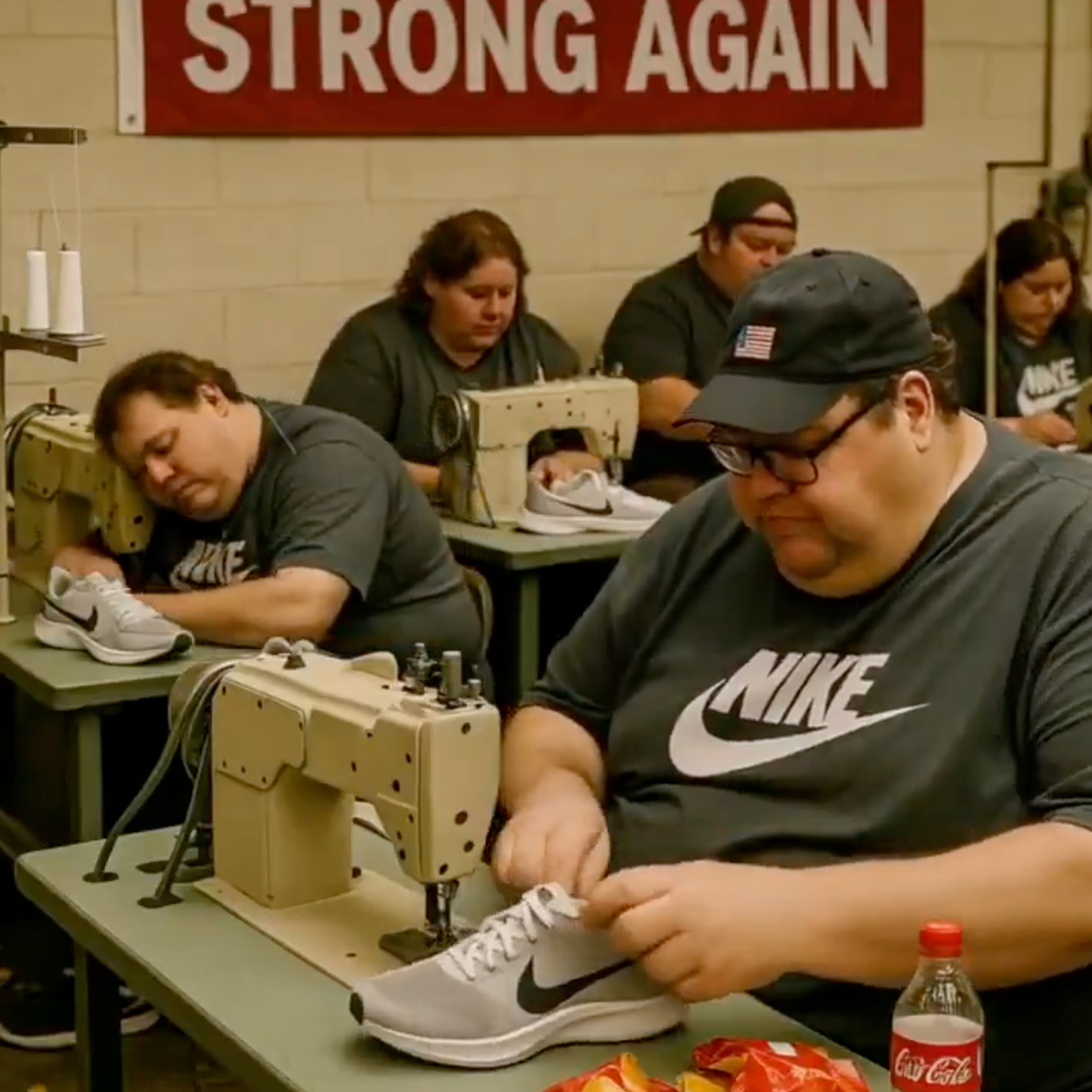 A screenshot of an AI-generated video shared on social media depicting U.S. manufacturing workers.