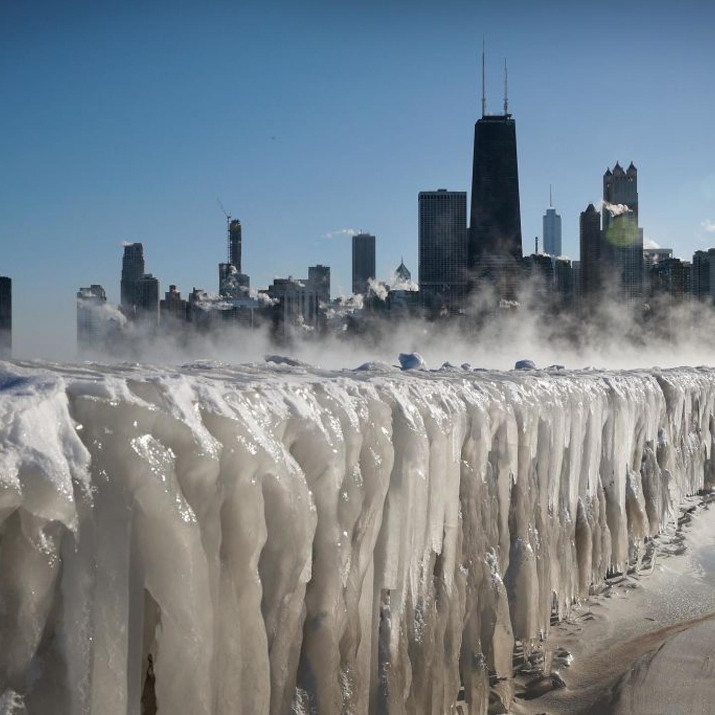 Ice covers the Lake Michigan shoreline in Chicago