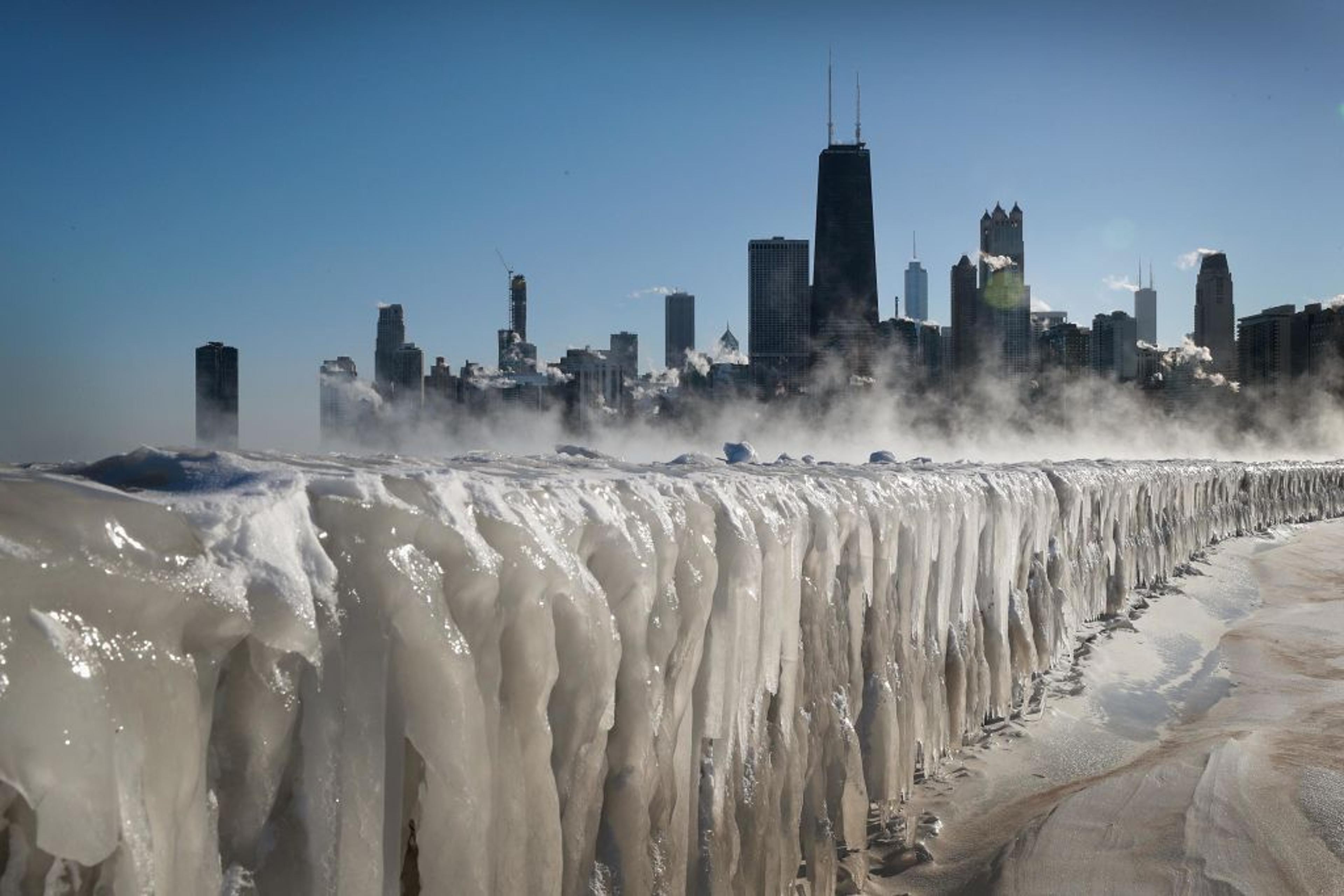 Ice covers the Lake Michigan shoreline in Chicago