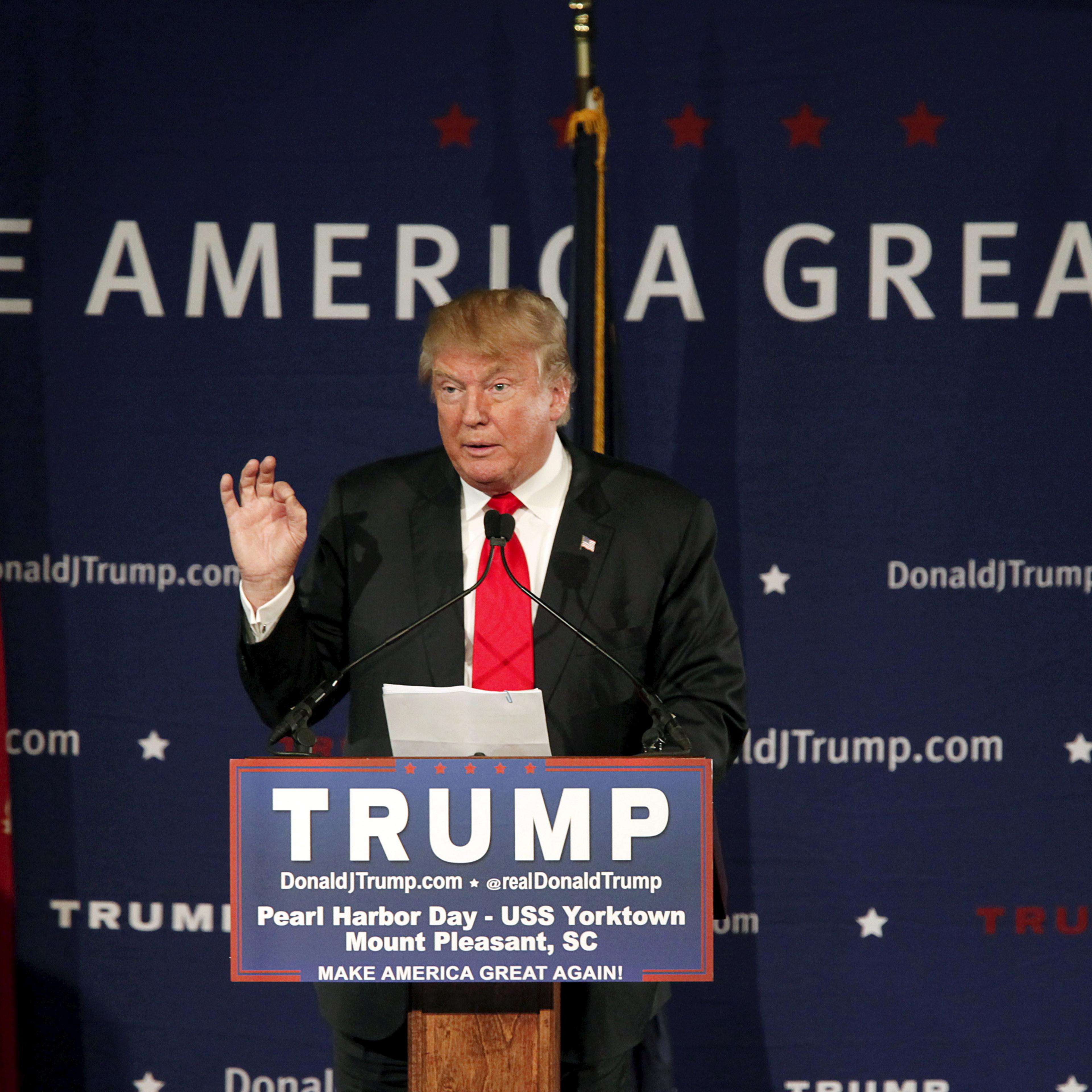 U.S. Republican presidential candidate Donald Trump speaks to supporters at a Pearl Harbor Day rally aboard the USS Yorktown Memorial in Mount Pleasant