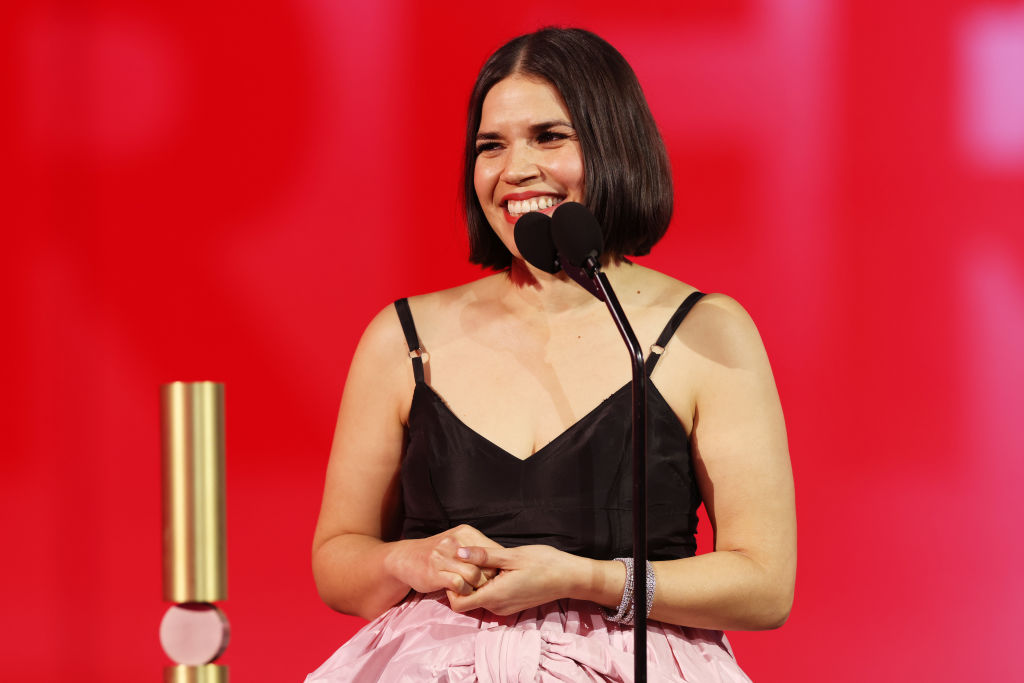 America Ferrera accepts The Movie Performance of the Year award for "Barbie" onstage during the 2024 People's Choice Awards held at Barker Hangar on Feb. 18, 2024 in Santa Monica, Calif.
