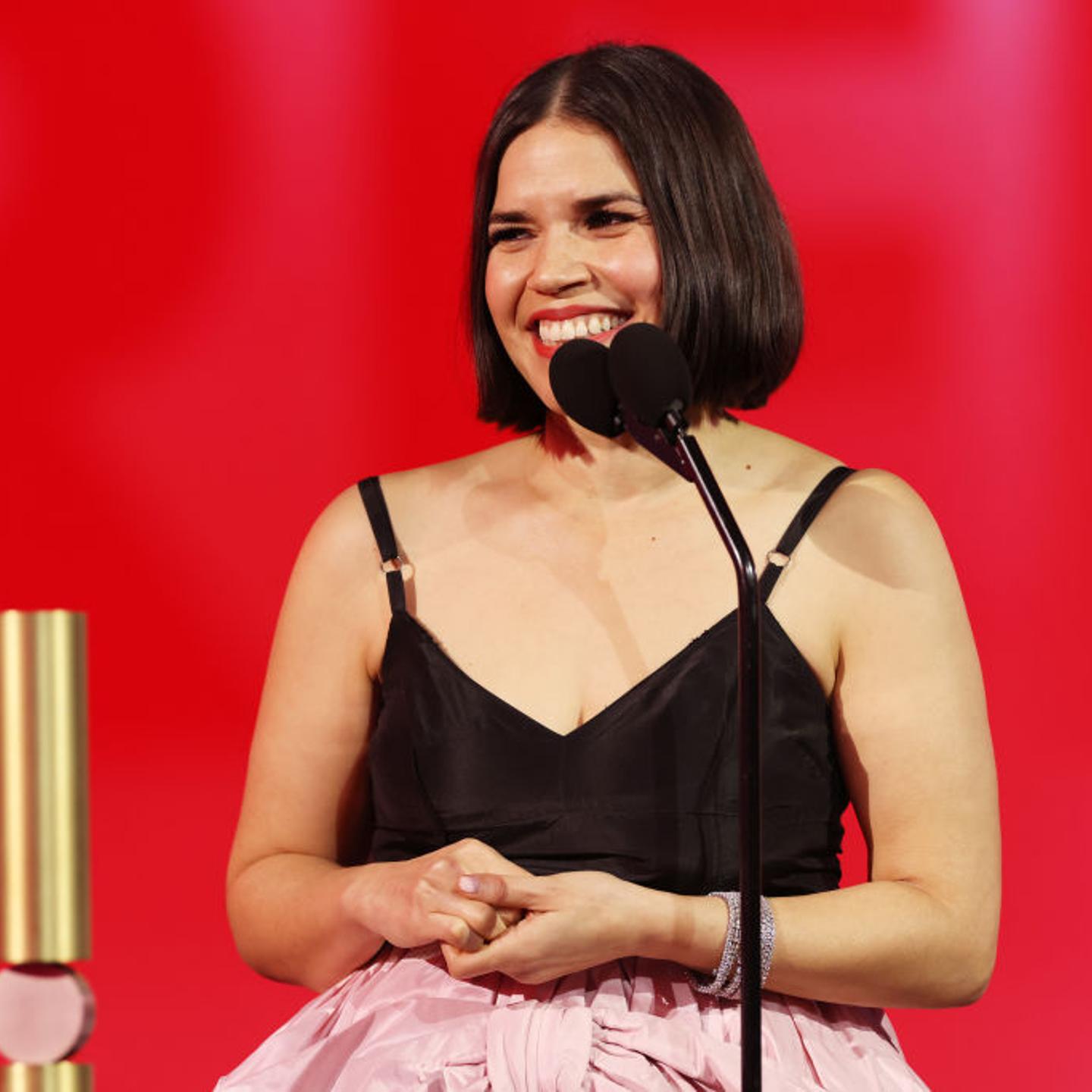 America Ferrera accepts The Movie Performance of the Year award for "Barbie" onstage during the 2024 People's Choice Awards held at Barker Hangar on Feb. 18, 2024 in Santa Monica, Calif.