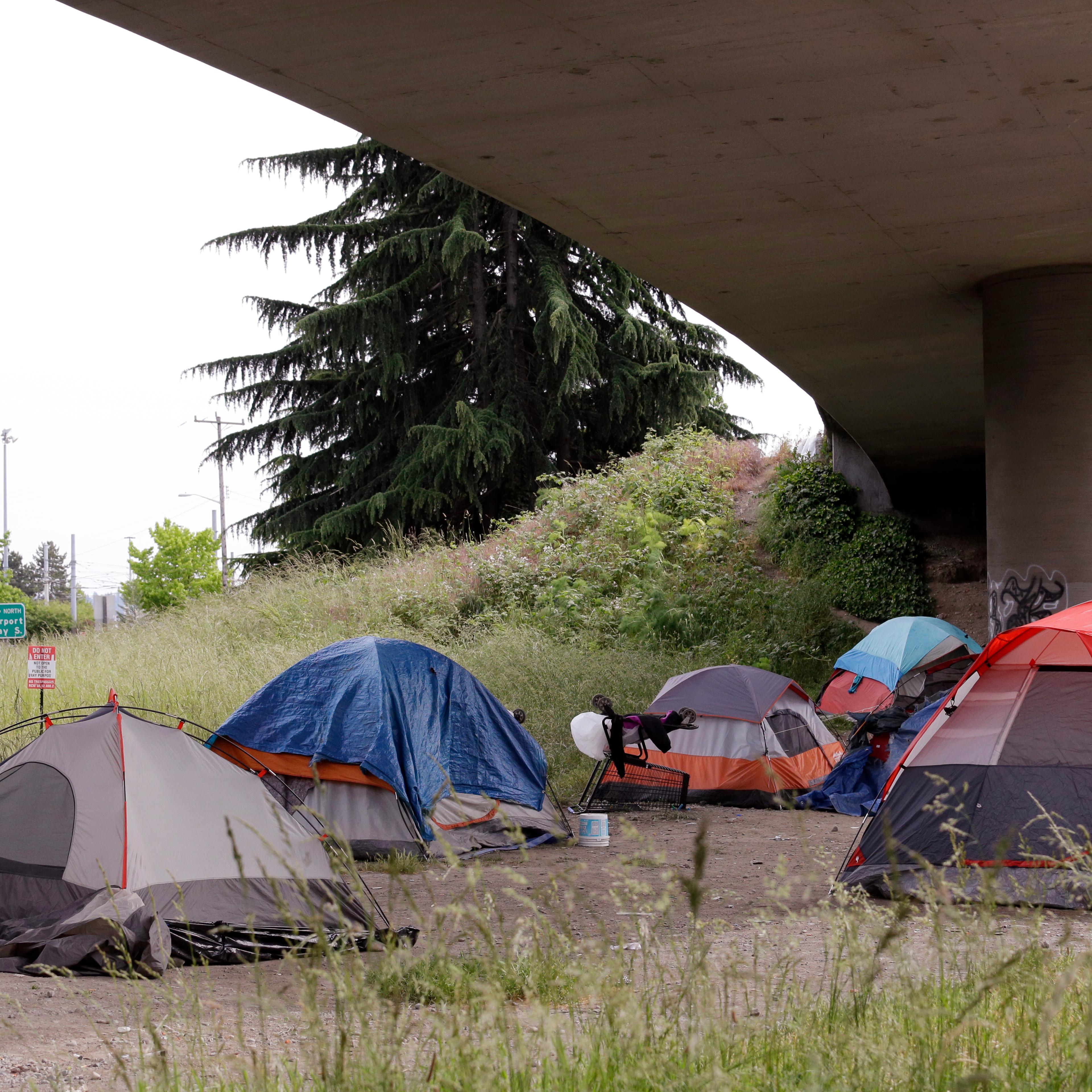 Tents line a small green space below Interstate 90 and a short walk to a homeless area known as the Jungle, May 17, 2016, in Seattle.