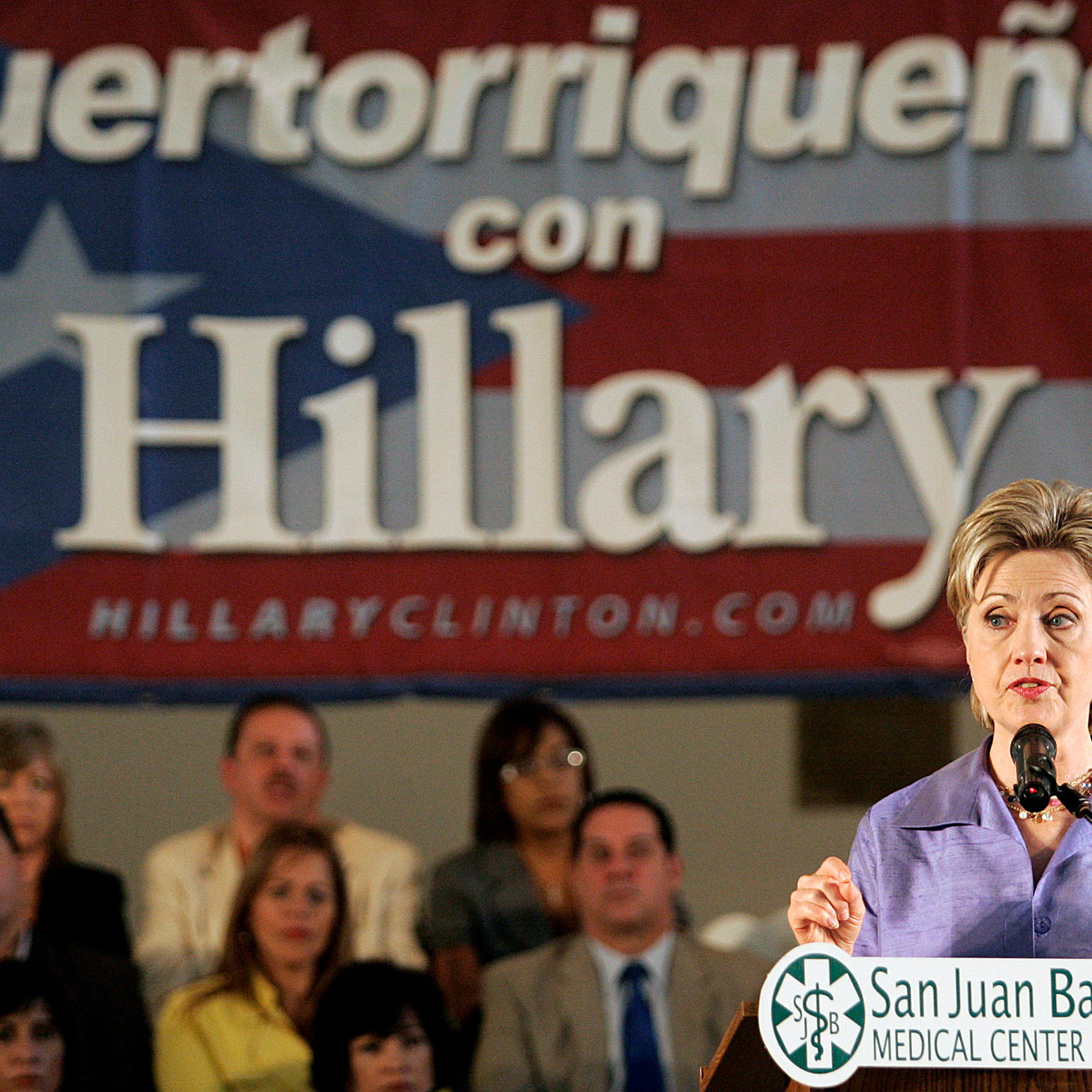 U.S. Democratic presidential candidate Sen. Hillary Clinton (D-NY) speaks during a campaign rally San Juan Bautista Medical Center in Caguas