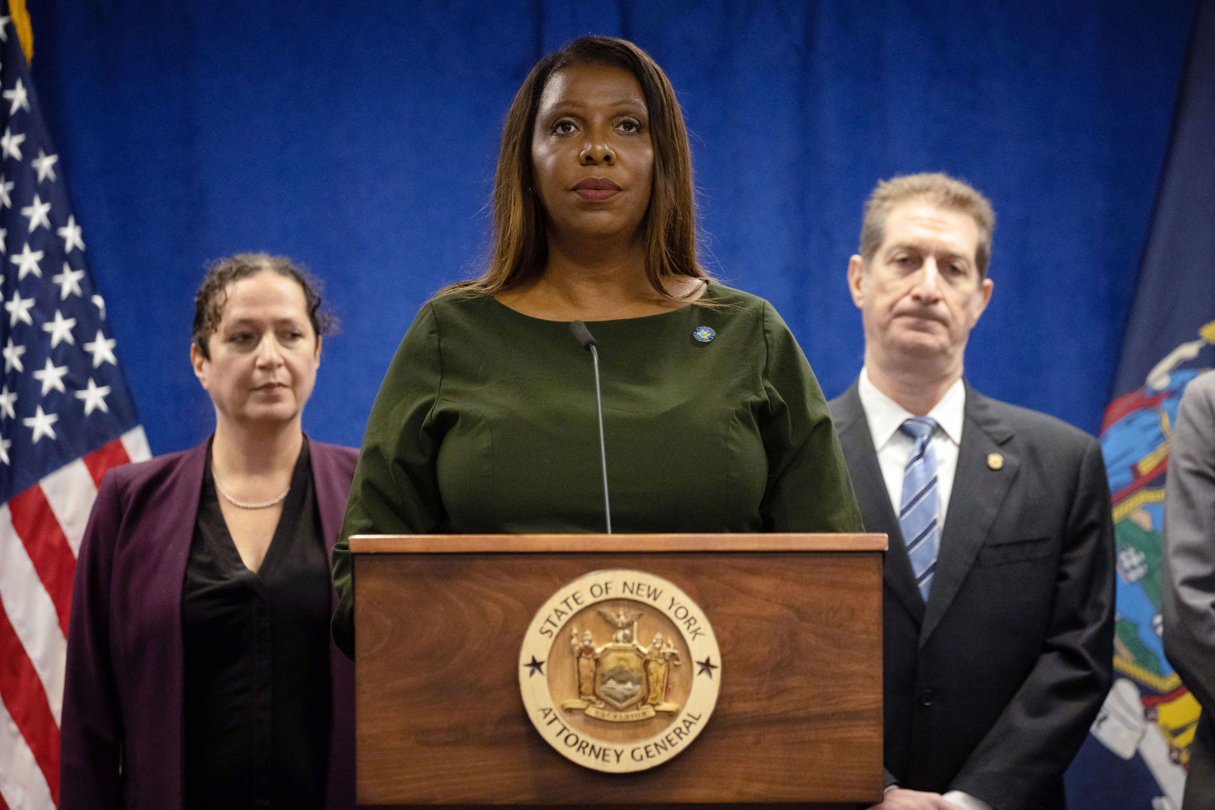 Letitia James speaks during a press conference regarding former US President Donald Trump