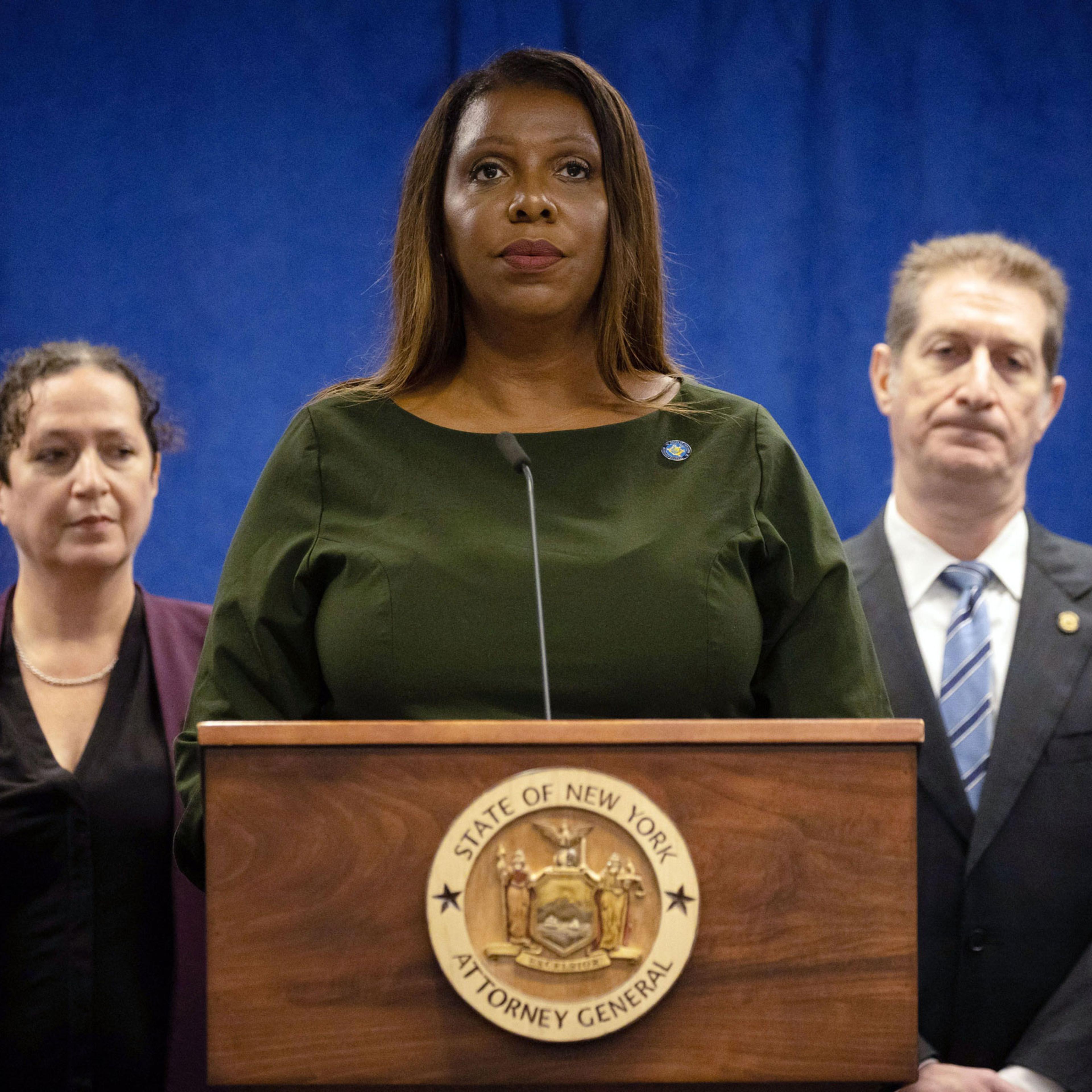 Letitia James speaks during a press conference regarding former US President Donald Trump