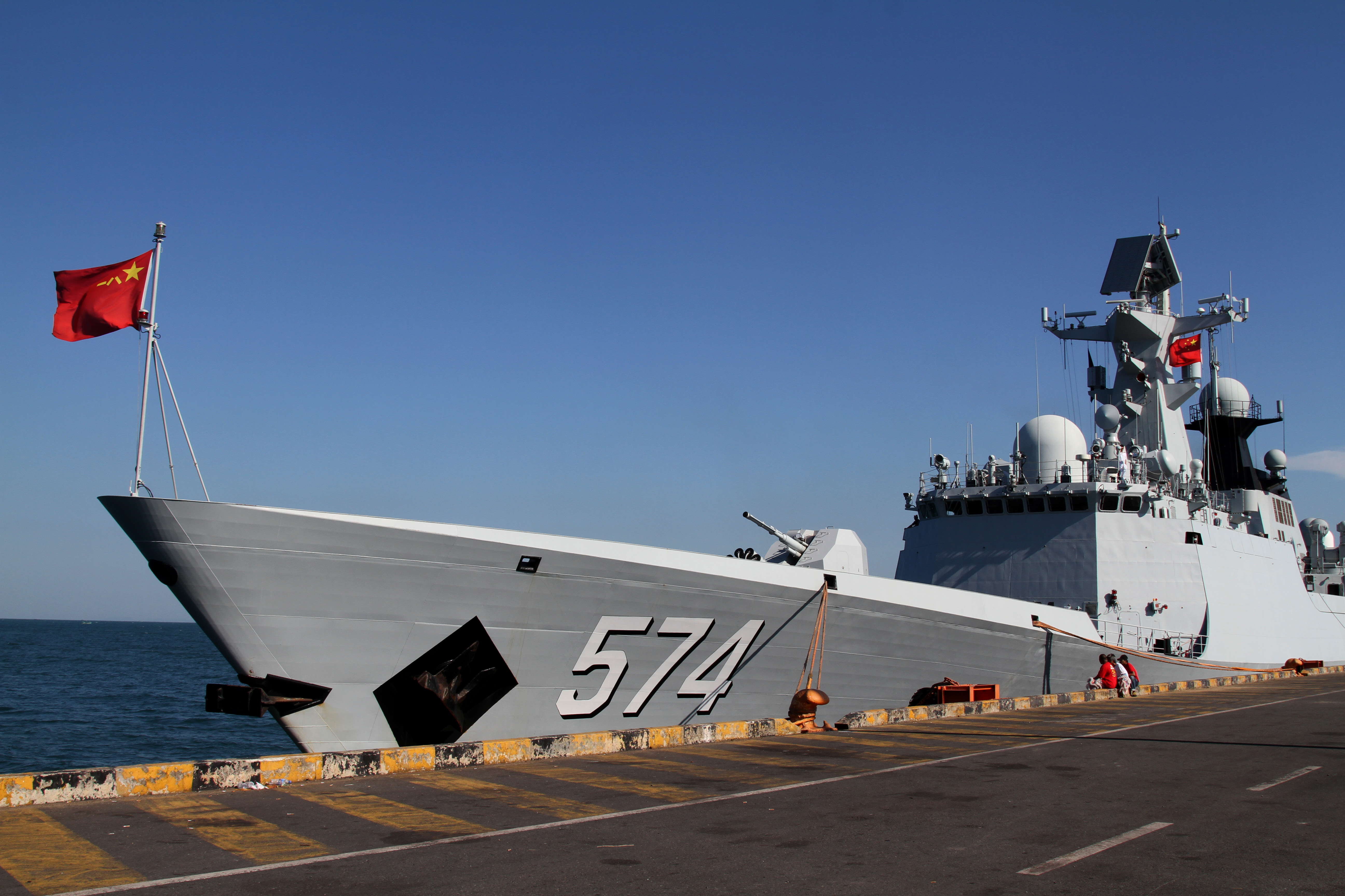 A Chinese navy ship is seen docked after an exercise with Cambodian naval officers in Preah Sihanouk province
