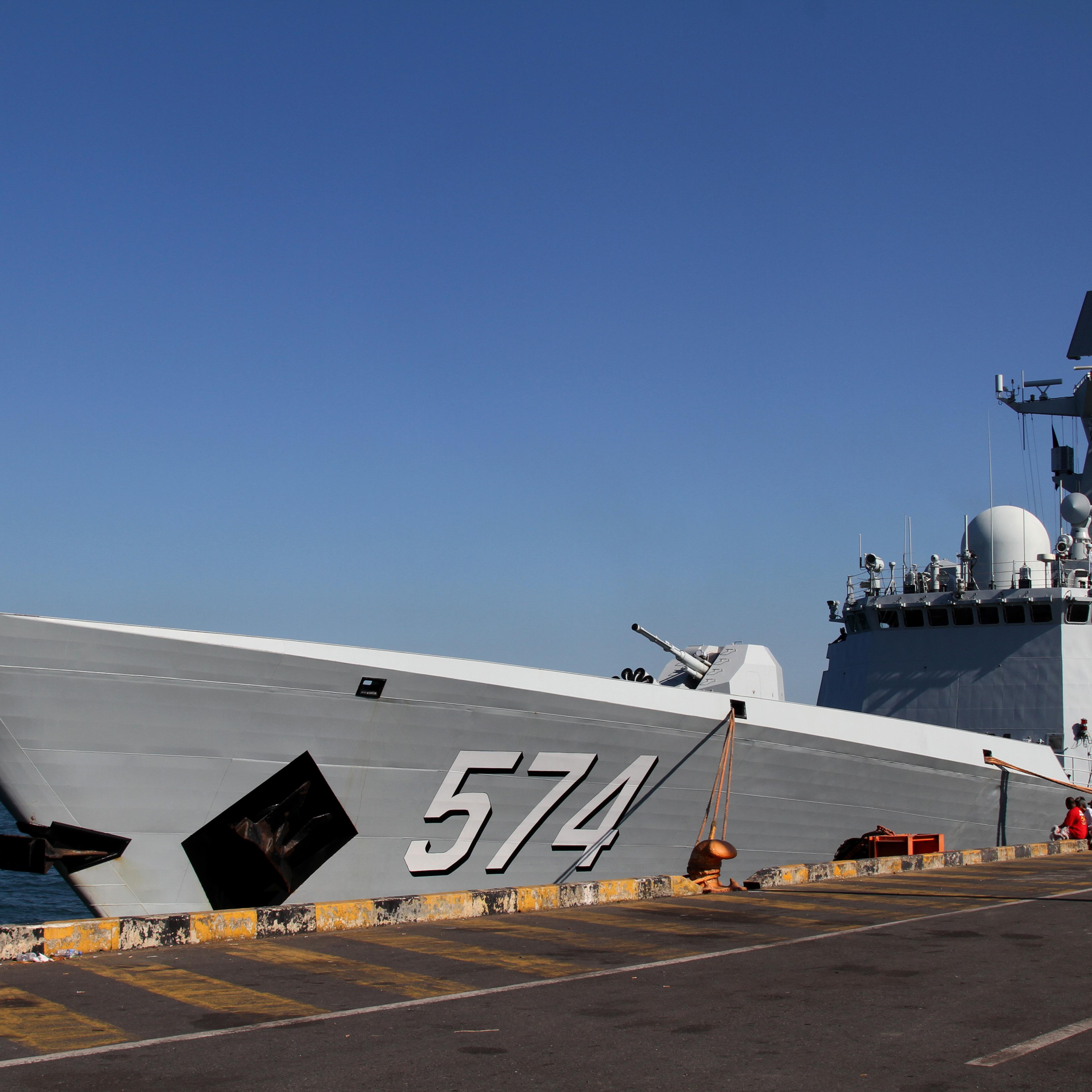 A Chinese navy ship is seen docked after an exercise with Cambodian naval officers in Preah Sihanouk province