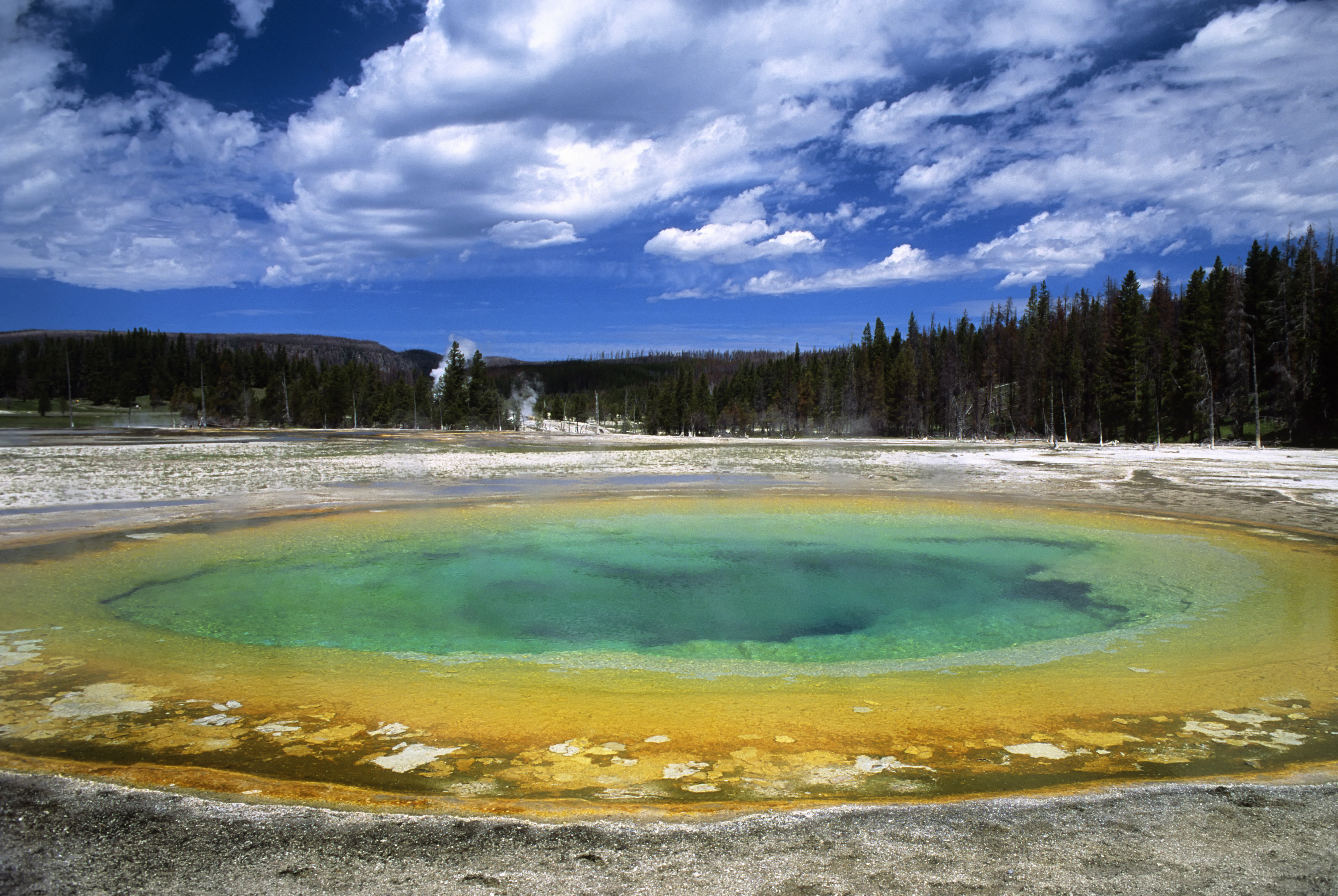 WYOMING, UNITED STATES - 1991/01/01: USA, Wyoming, Yellowstone National Park, Upper Geyser Basin, Chromatic Springs. (Photo by Wolfgang Kaehler/LightRocket via Getty Images)