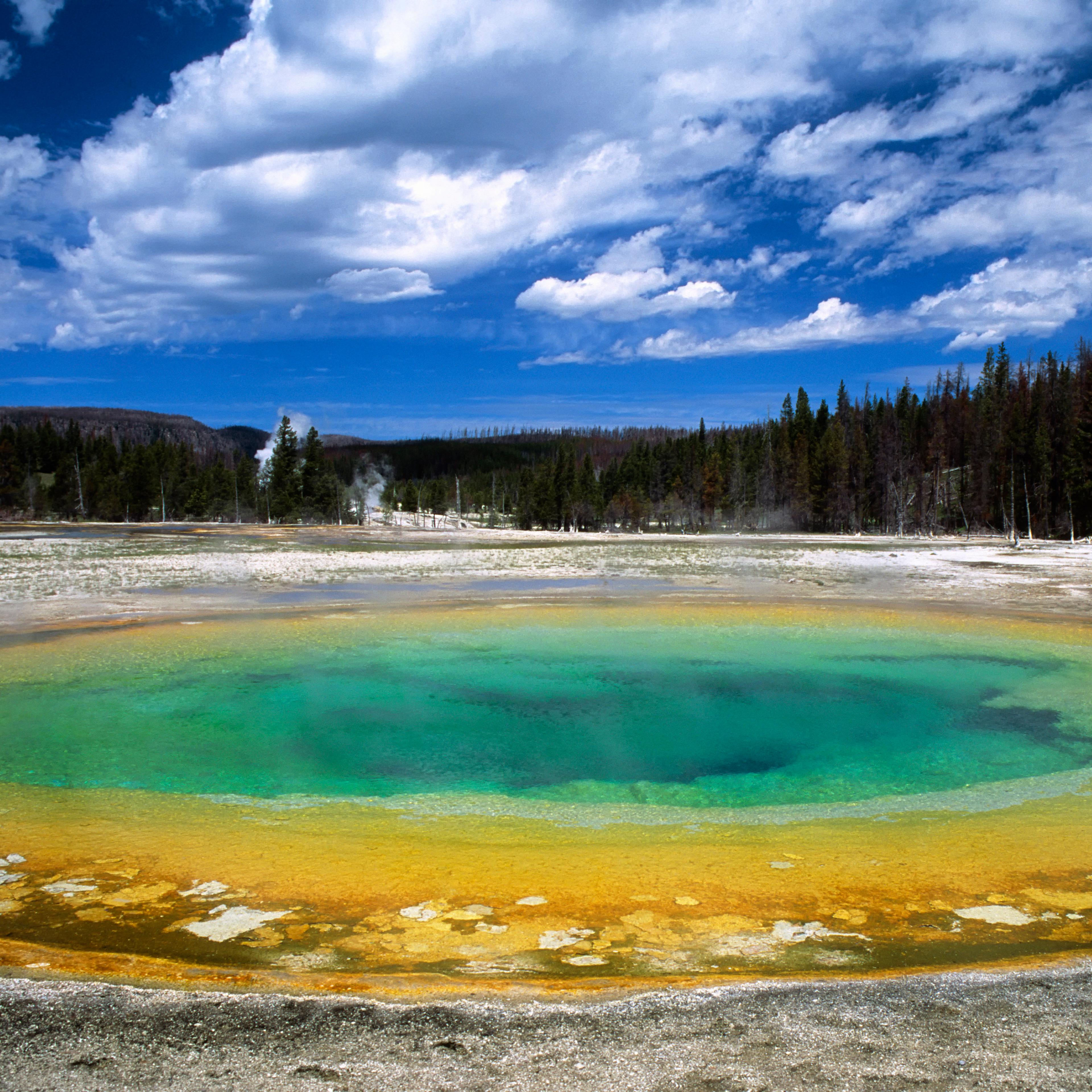 WYOMING, UNITED STATES - 1991/01/01: USA, Wyoming, Yellowstone National Park, Upper Geyser Basin, Chromatic Springs. (Photo by Wolfgang Kaehler/LightRocket via Getty Images)
