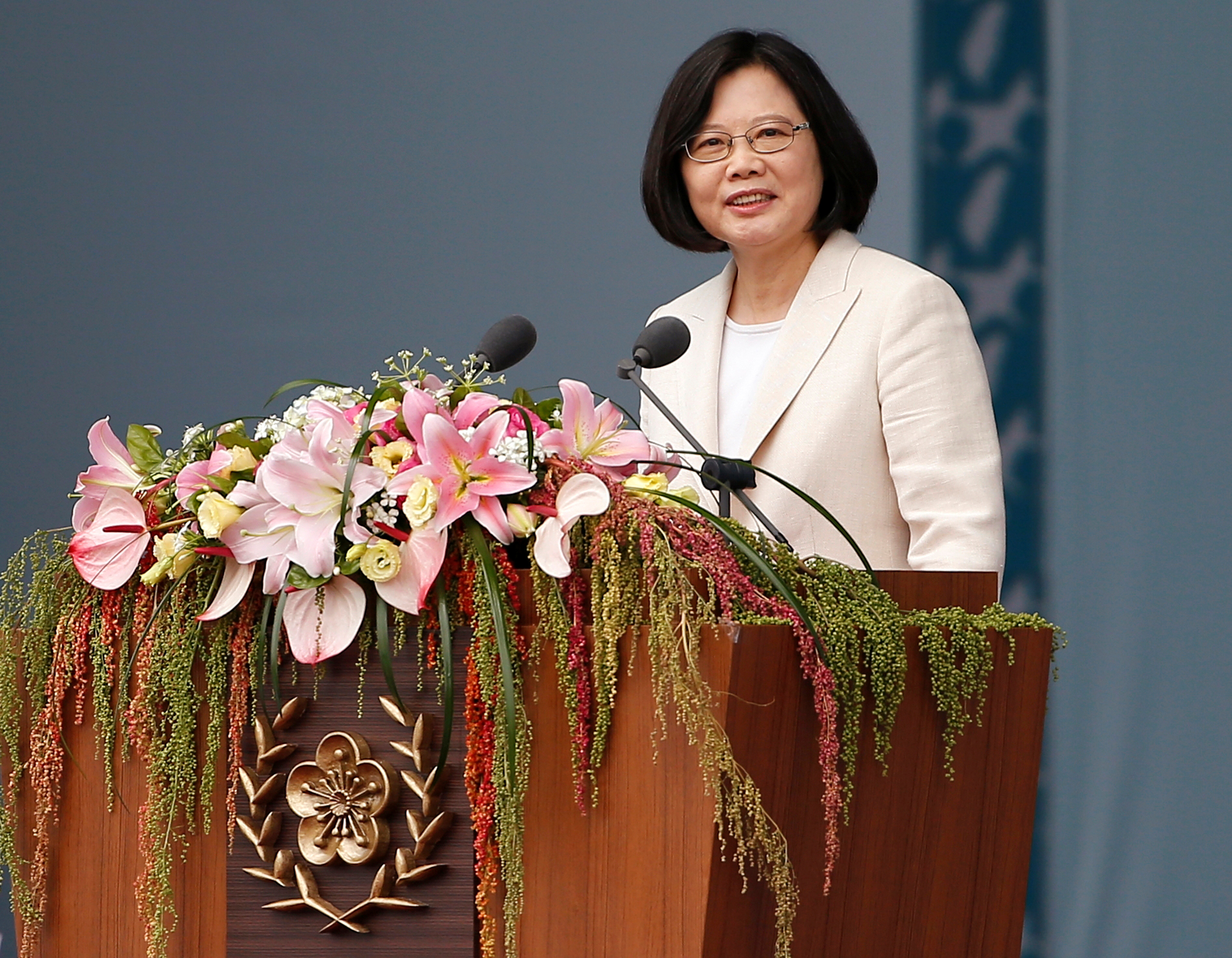 Taiwans President Tsai Ing-wen addresses during an inauguration ceremony in Taipei