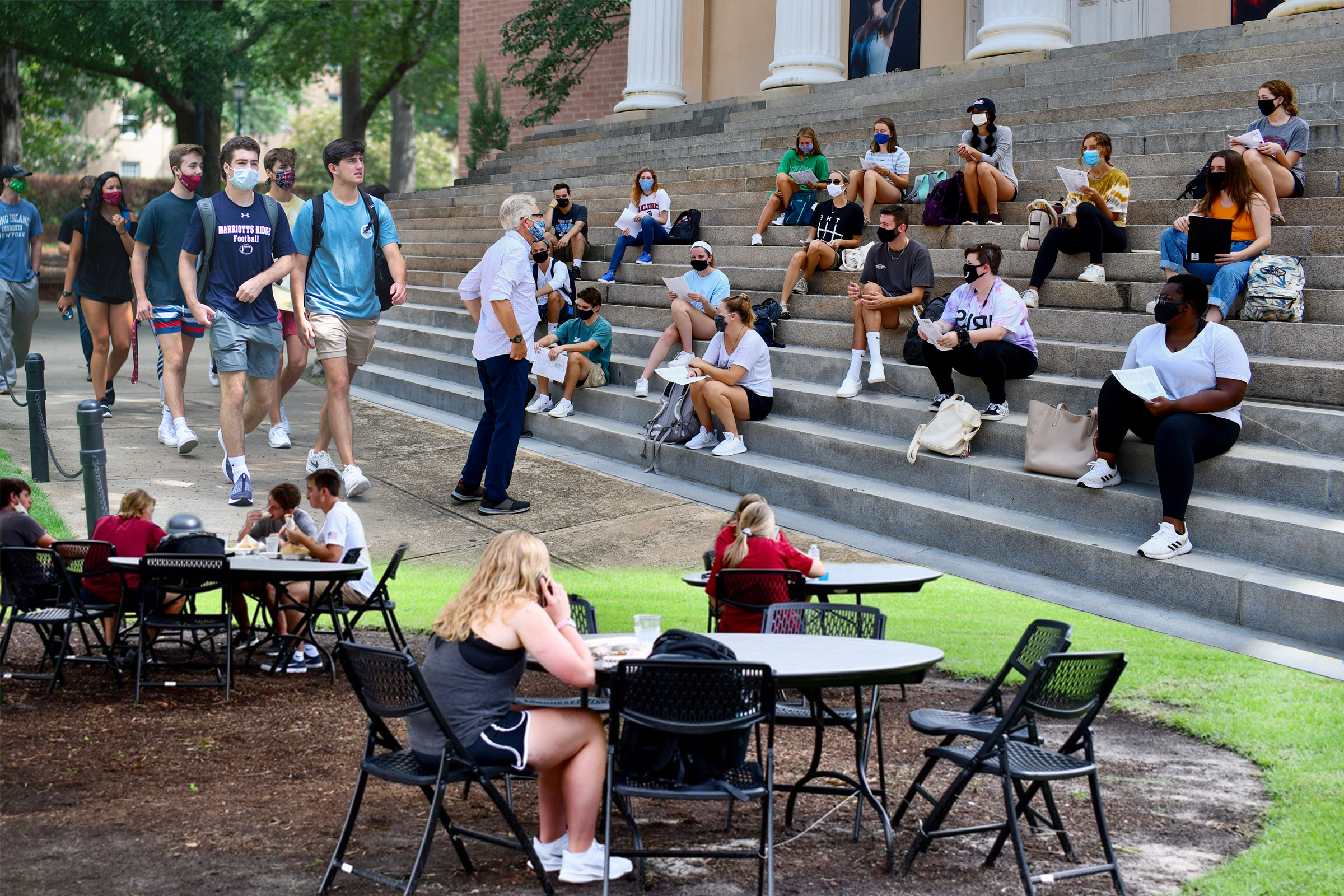 From top left: Students walking around Russell House, University of South Carolina’s student union; A professor holds class outside on the steps of Longstreet Theatre on USC’s campus; USC put tables and chairs on the grass around the student union so the