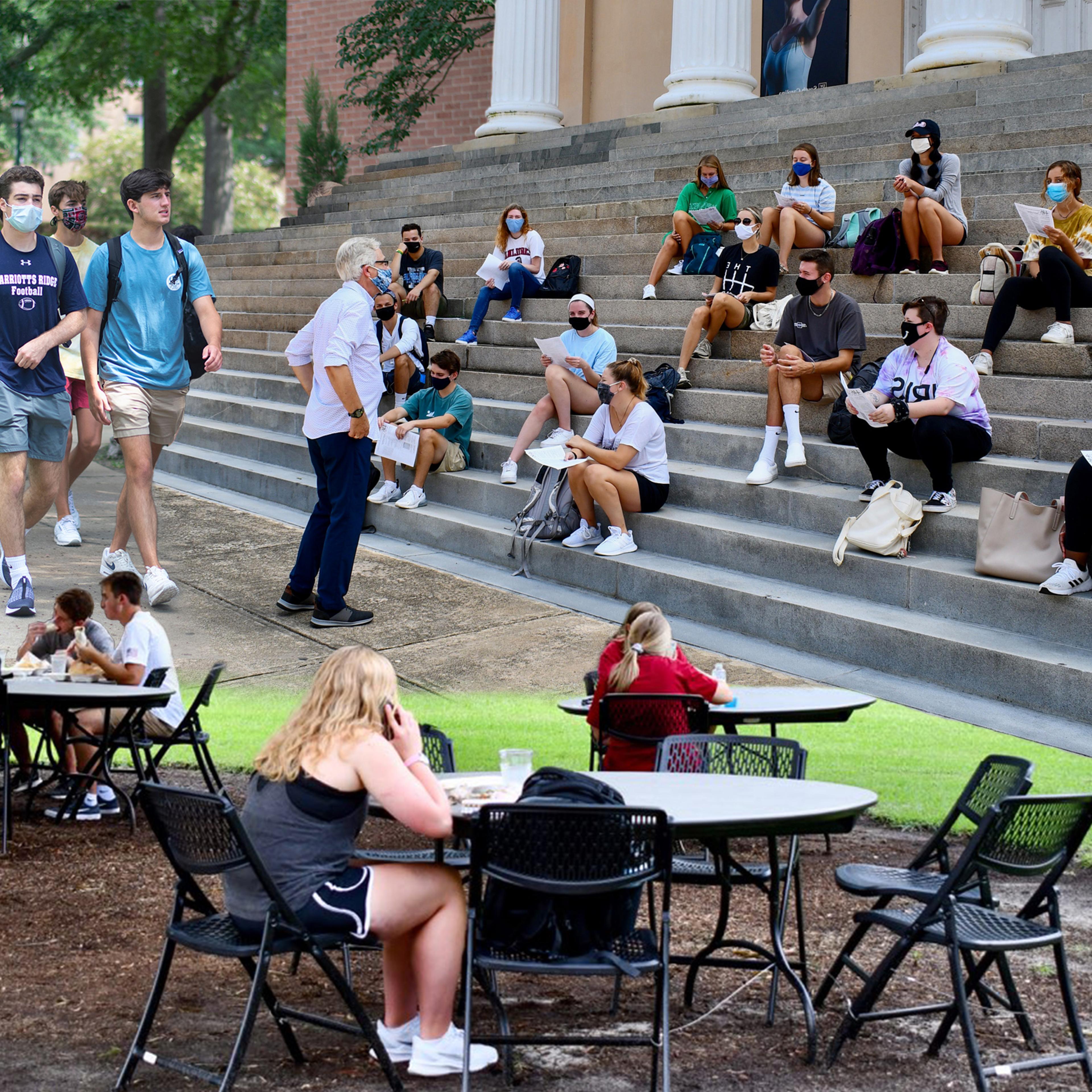From top left: Students walking around Russell House, University of South Carolina’s student union; A professor holds class outside on the steps of Longstreet Theatre on USC’s campus; USC put tables and chairs on the grass around the student union so the