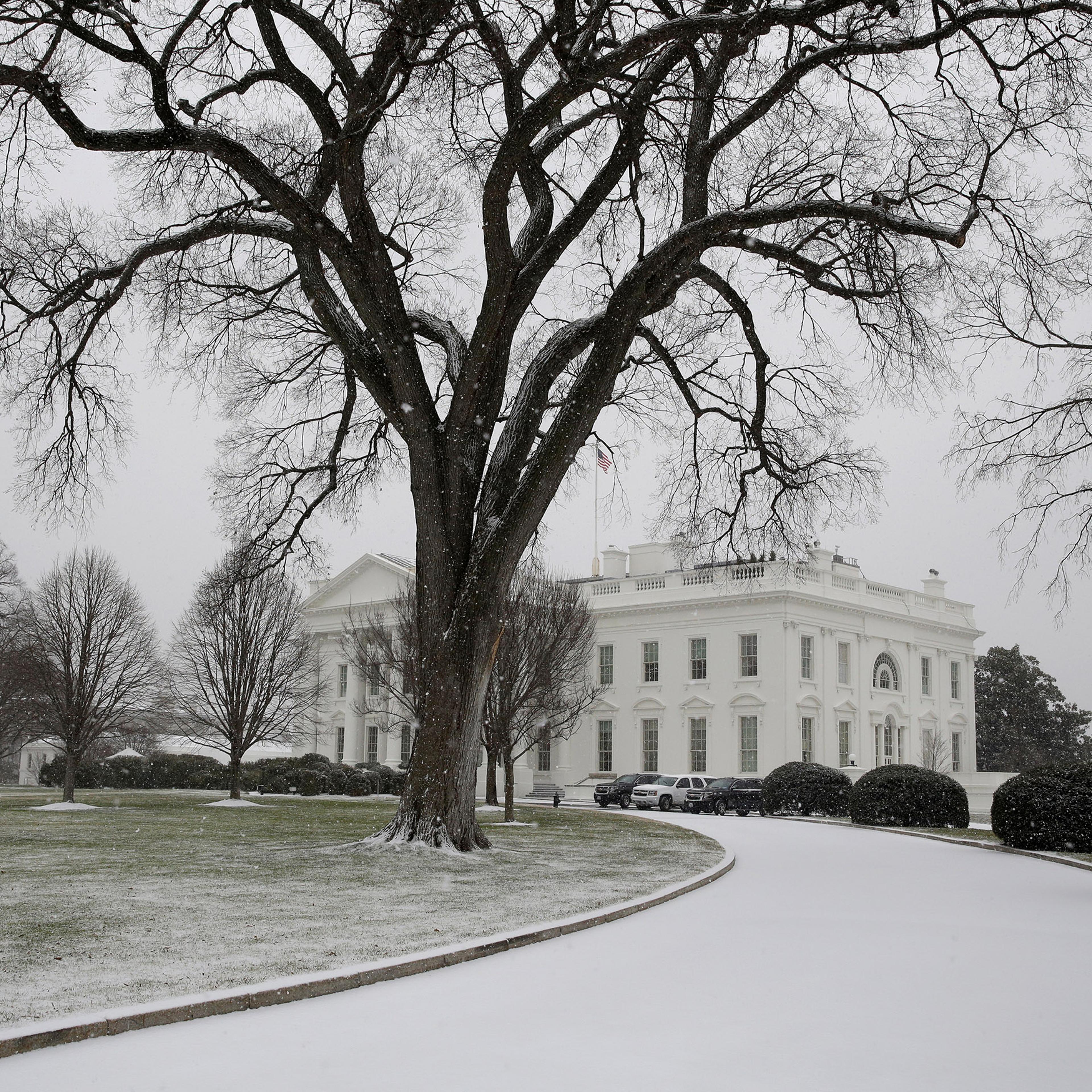 The White House driveway is covered in snow in Washington