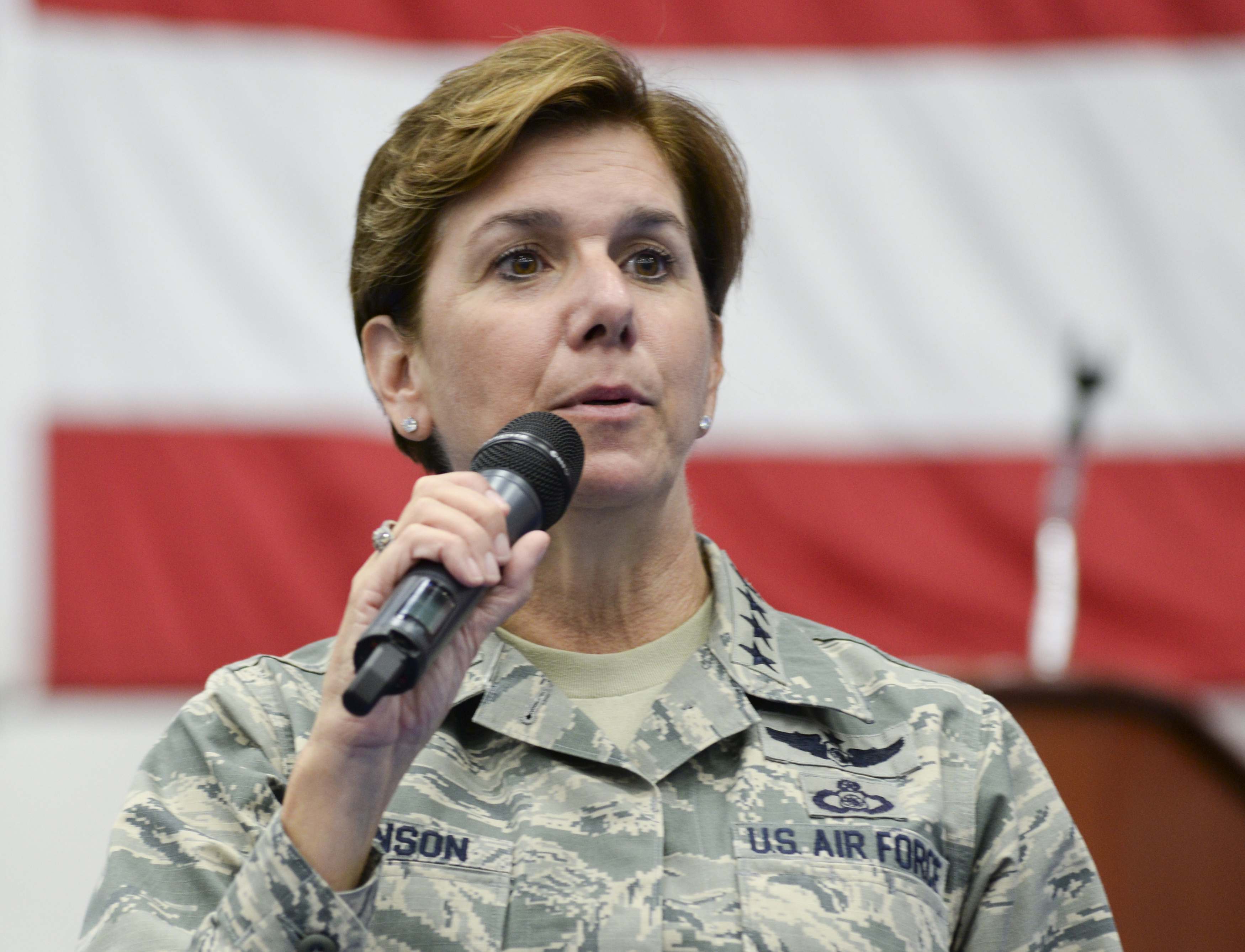 U.S. Air Force General Lori Robinson, Pacific Air Forces commander, addresses Airmen at Andersen Air Force Base, Guam July 10, 2015.