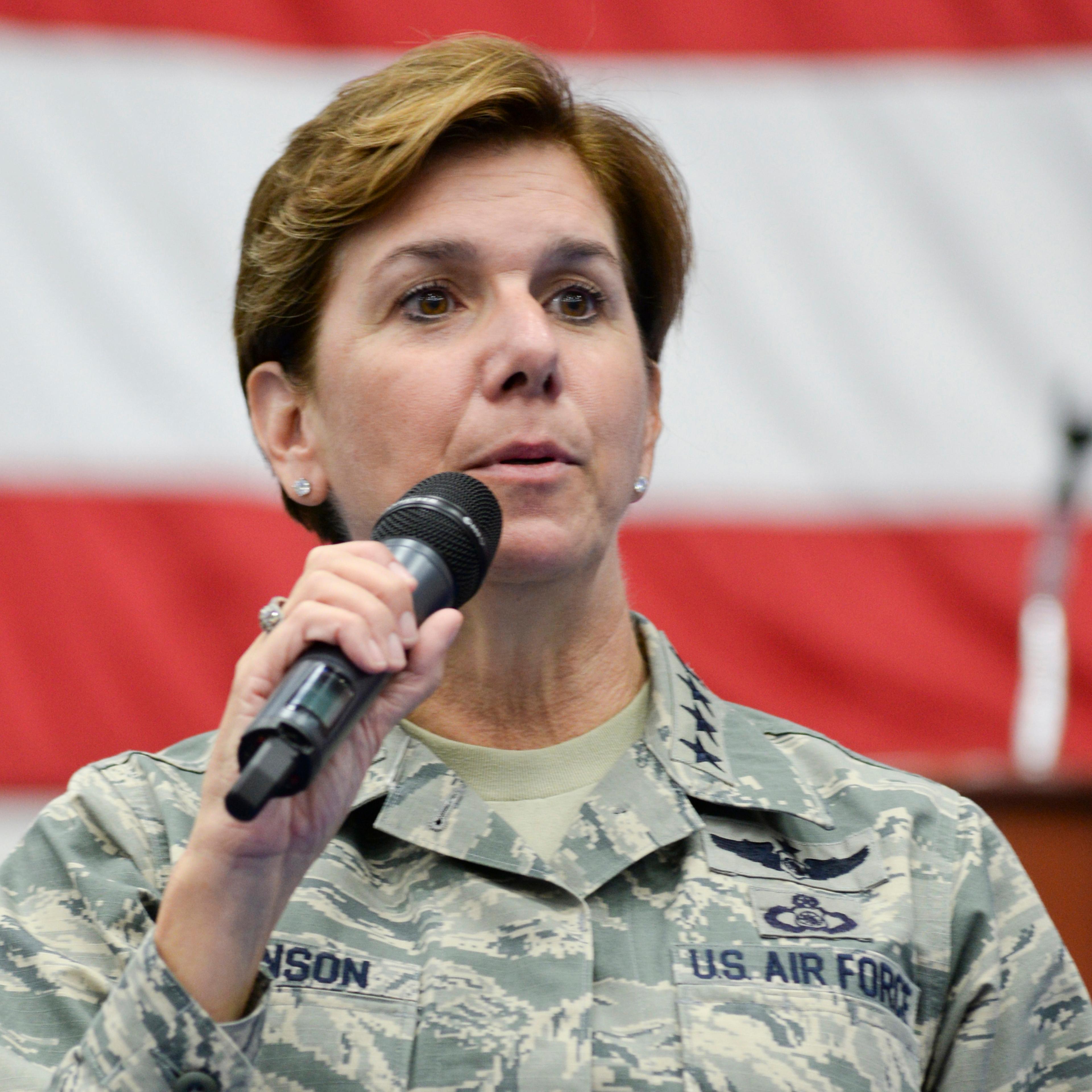 U.S. Air Force General Lori Robinson, Pacific Air Forces commander, addresses Airmen at Andersen Air Force Base, Guam July 10, 2015.
