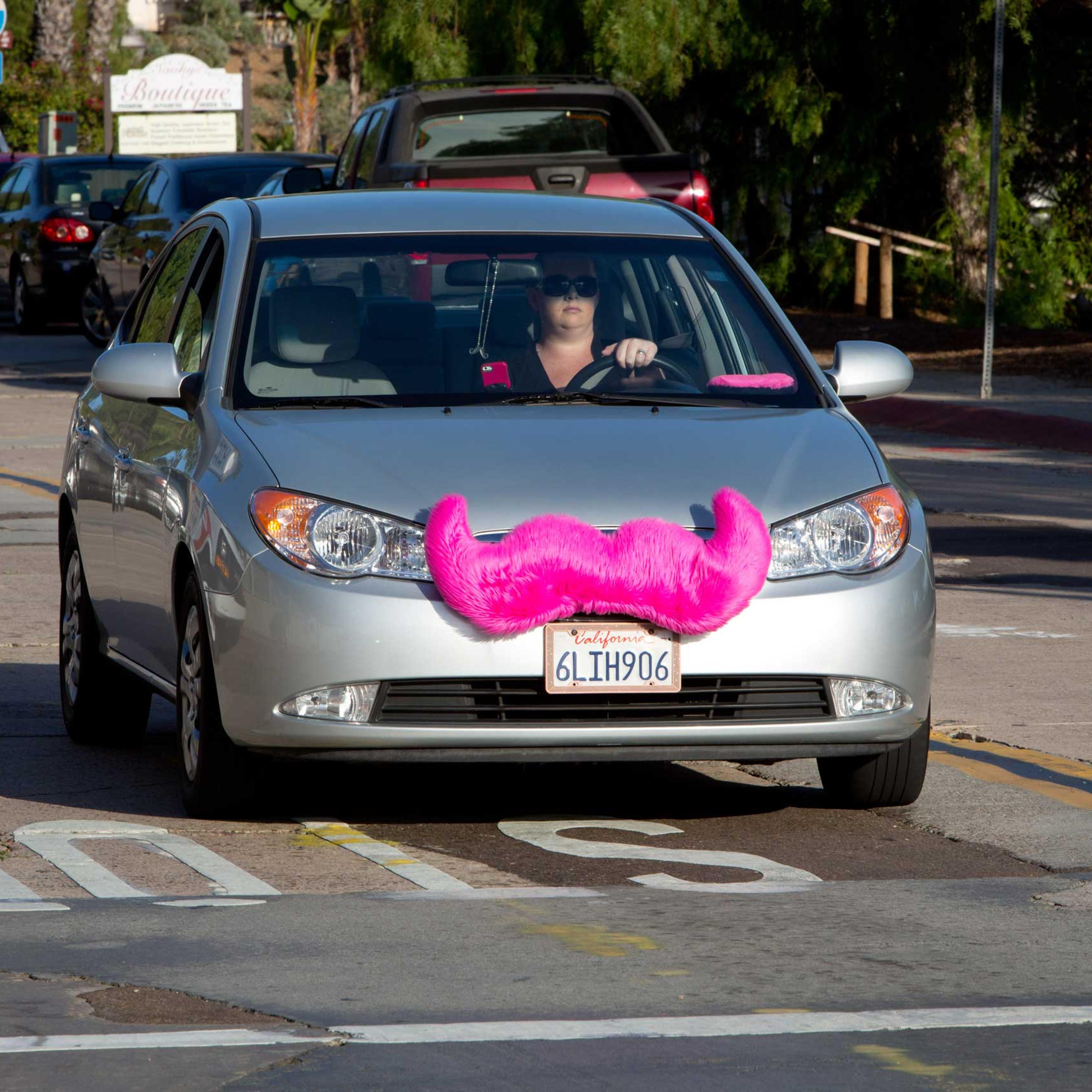 A woman is driving a car for the rideshare company Lyft with a fake jumbo pink moustache that attaches to the grille of the car, in June 2014. Lyft is said to be 30% cheaper than cabs. Photo by: Frank Duenzl/picture-alliance/dpa/AP Images