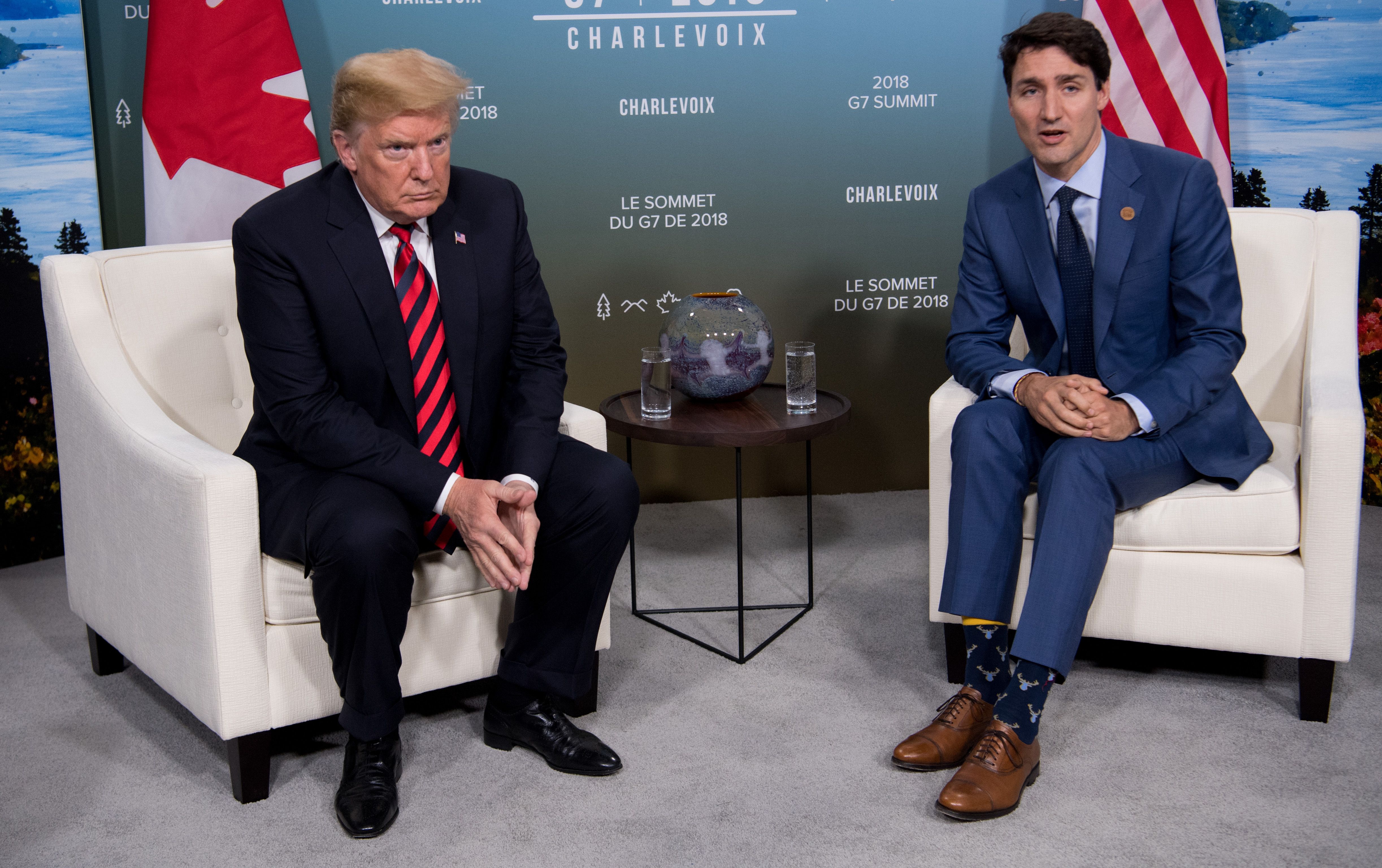US President Donald Trump and Canadian Prime Minister Justin Trudeau hold a meeting on the sidelines of the G7 Summit in La Malbaie, Quebec, Canada, June 8, 2018.