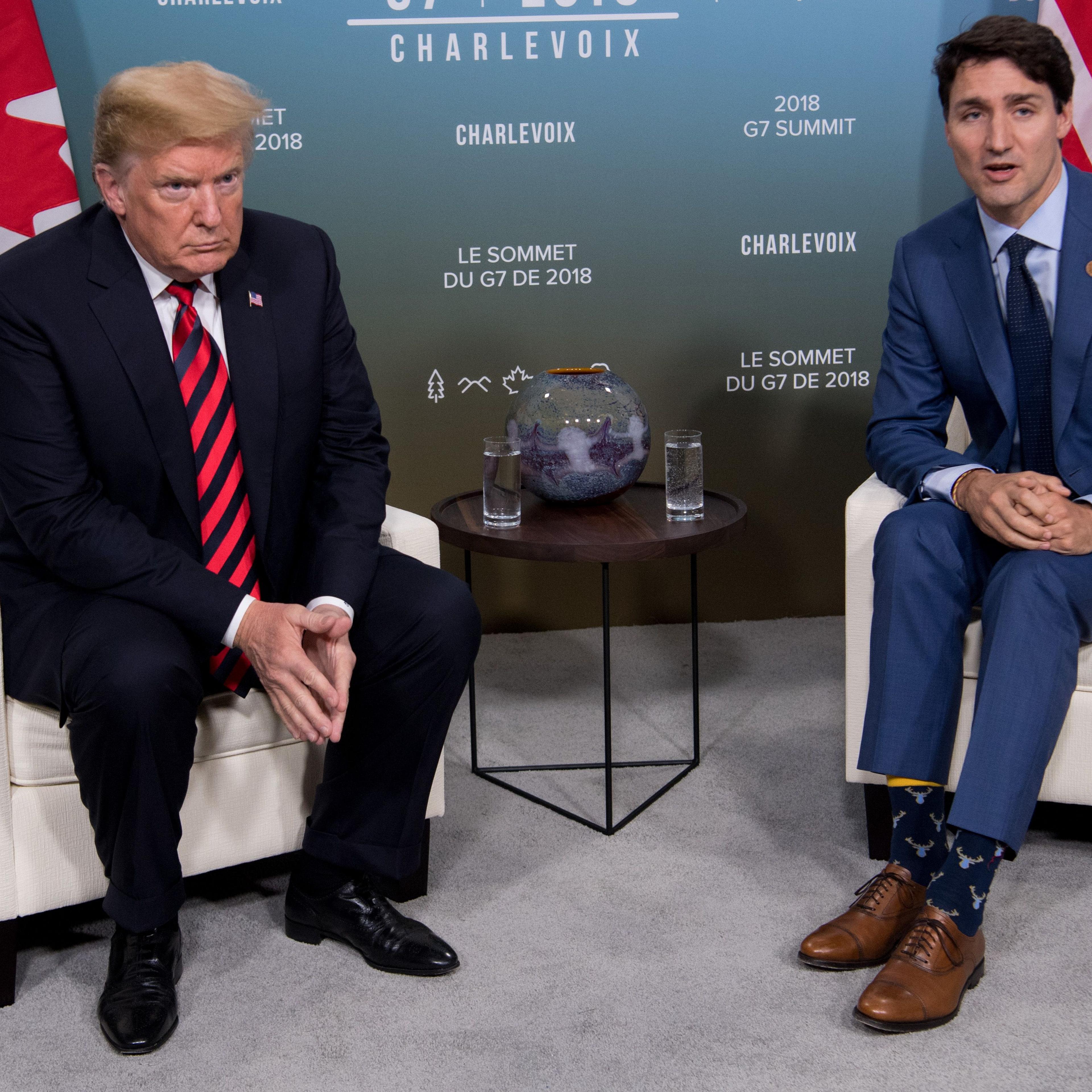 US President Donald Trump and Canadian Prime Minister Justin Trudeau hold a meeting on the sidelines of the G7 Summit in La Malbaie, Quebec, Canada, June 8, 2018.