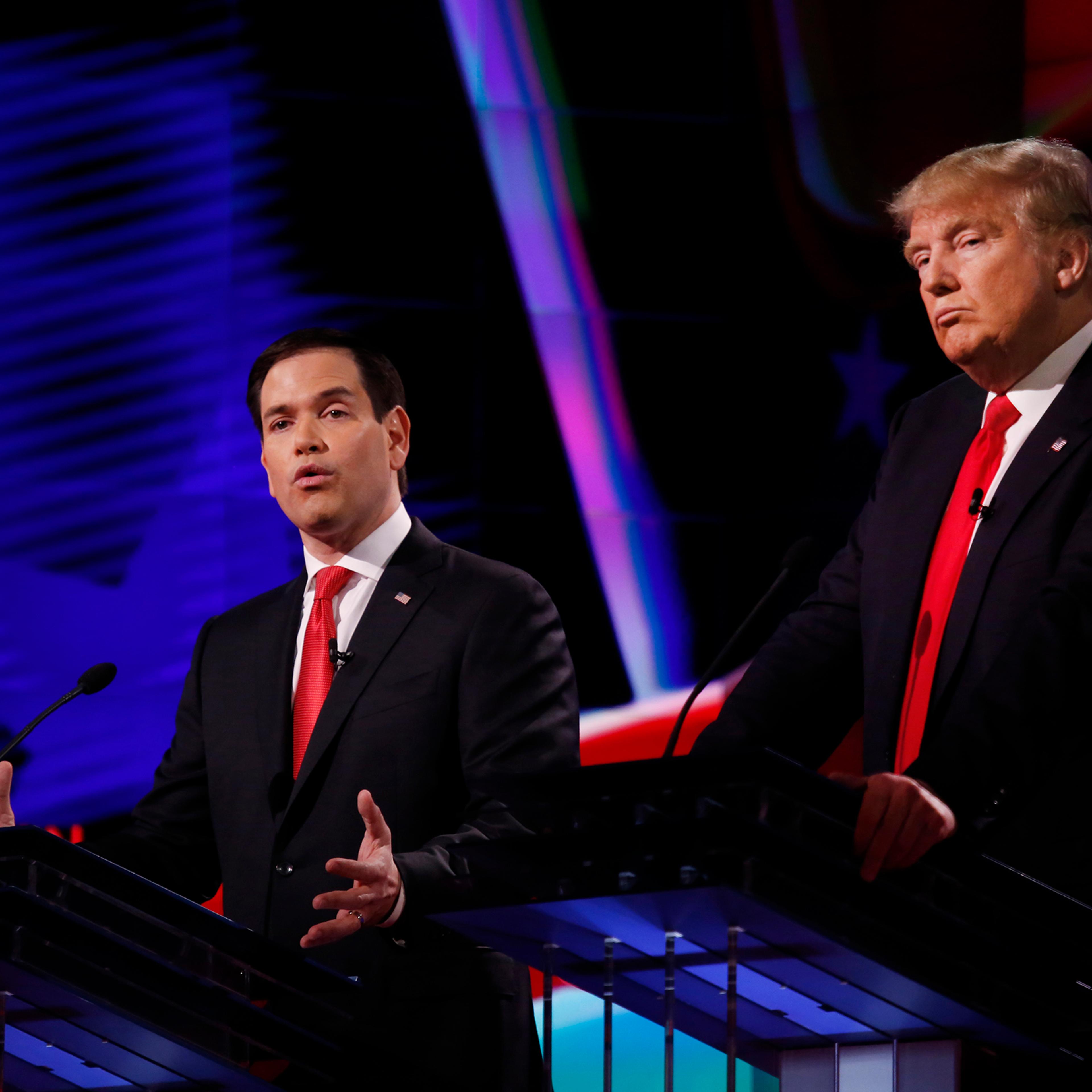 The four remaining Republican primary candidates Marco Rubio and Donald Trump debate at the University of Miami on March 10, 2016.