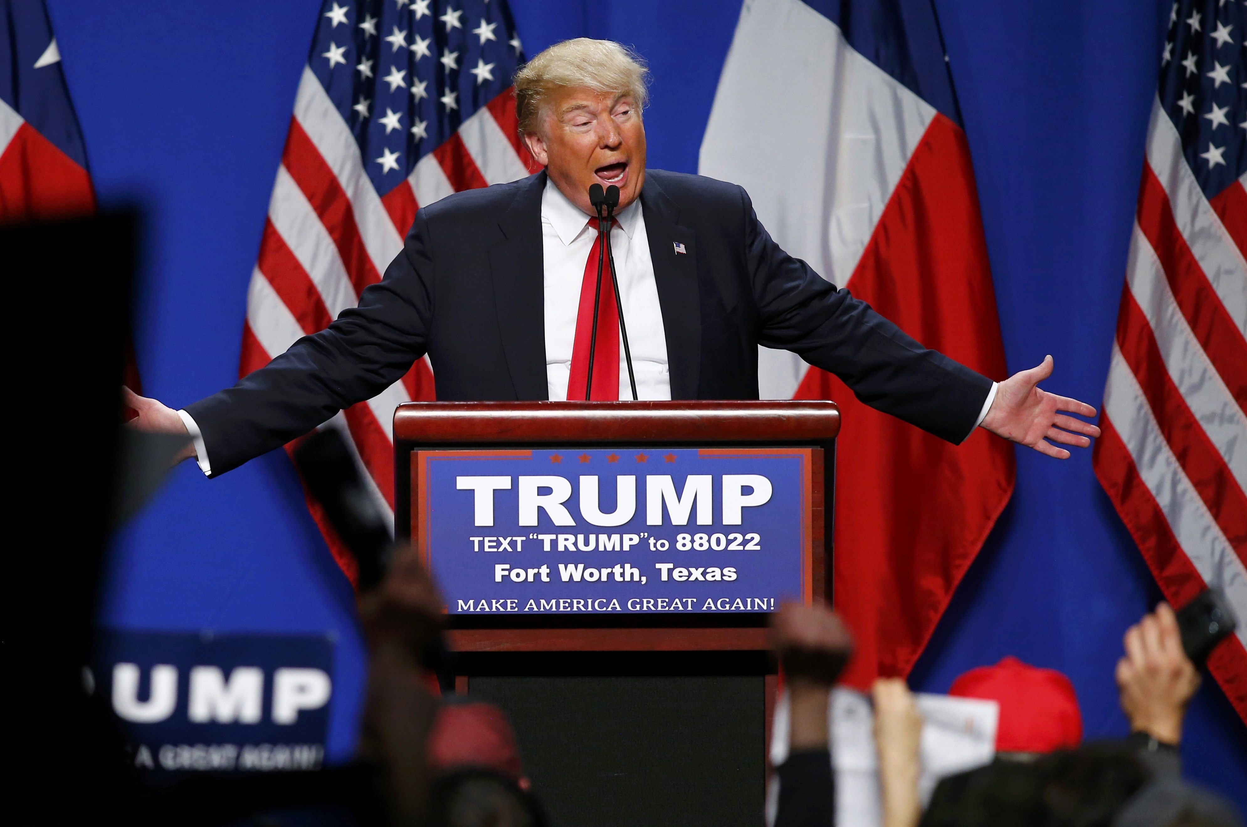 Republican U.S. presidential candidate Donald Trump speaks at a campaign rally in Fort Worth, Texas