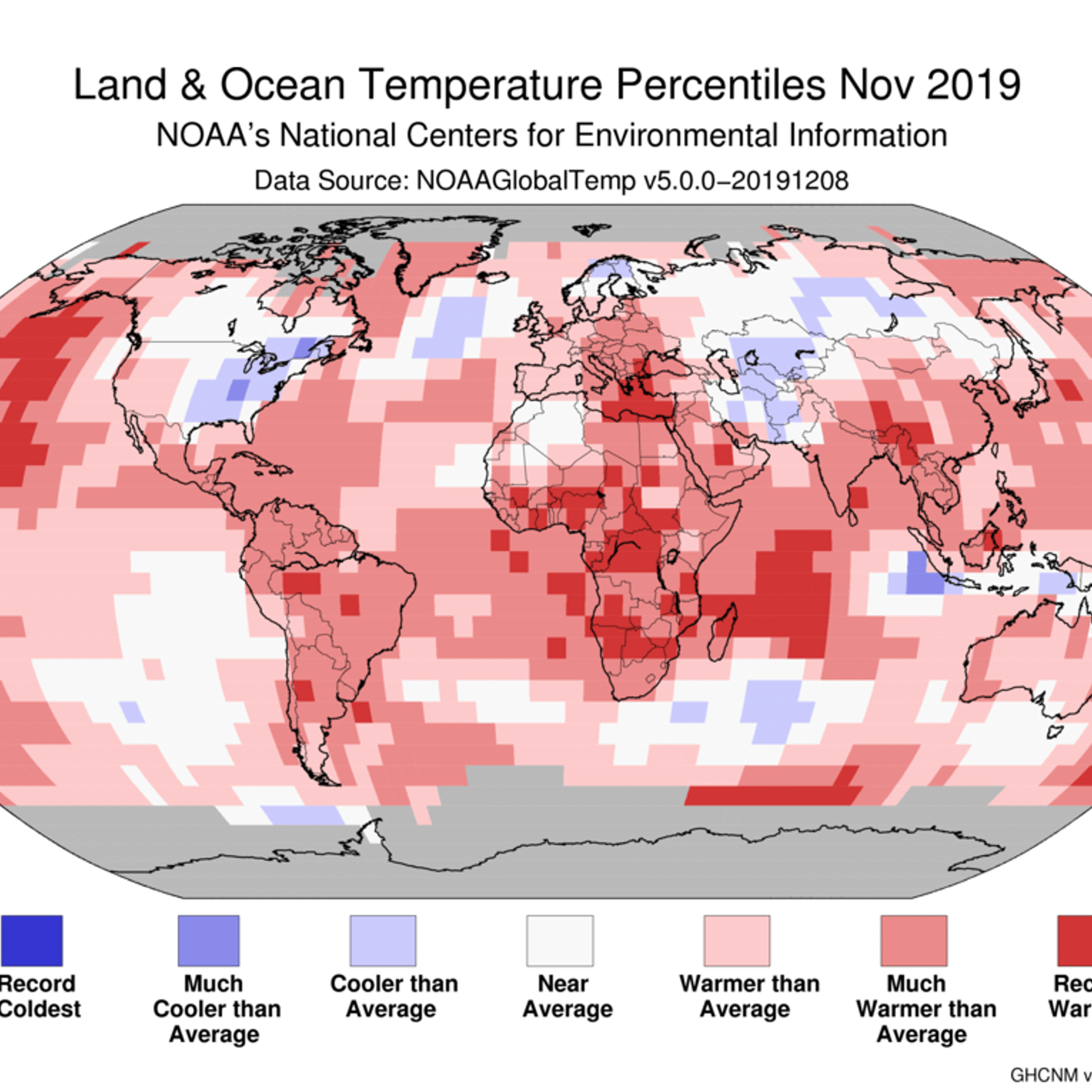 Land and Ocean Temperature Percentiles Nov. 2019