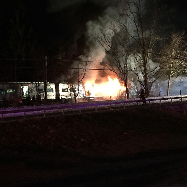 A train fire after a Metro-North train struck a vehicle in Valhalla, N.Y. on Feb. 3, 2015.