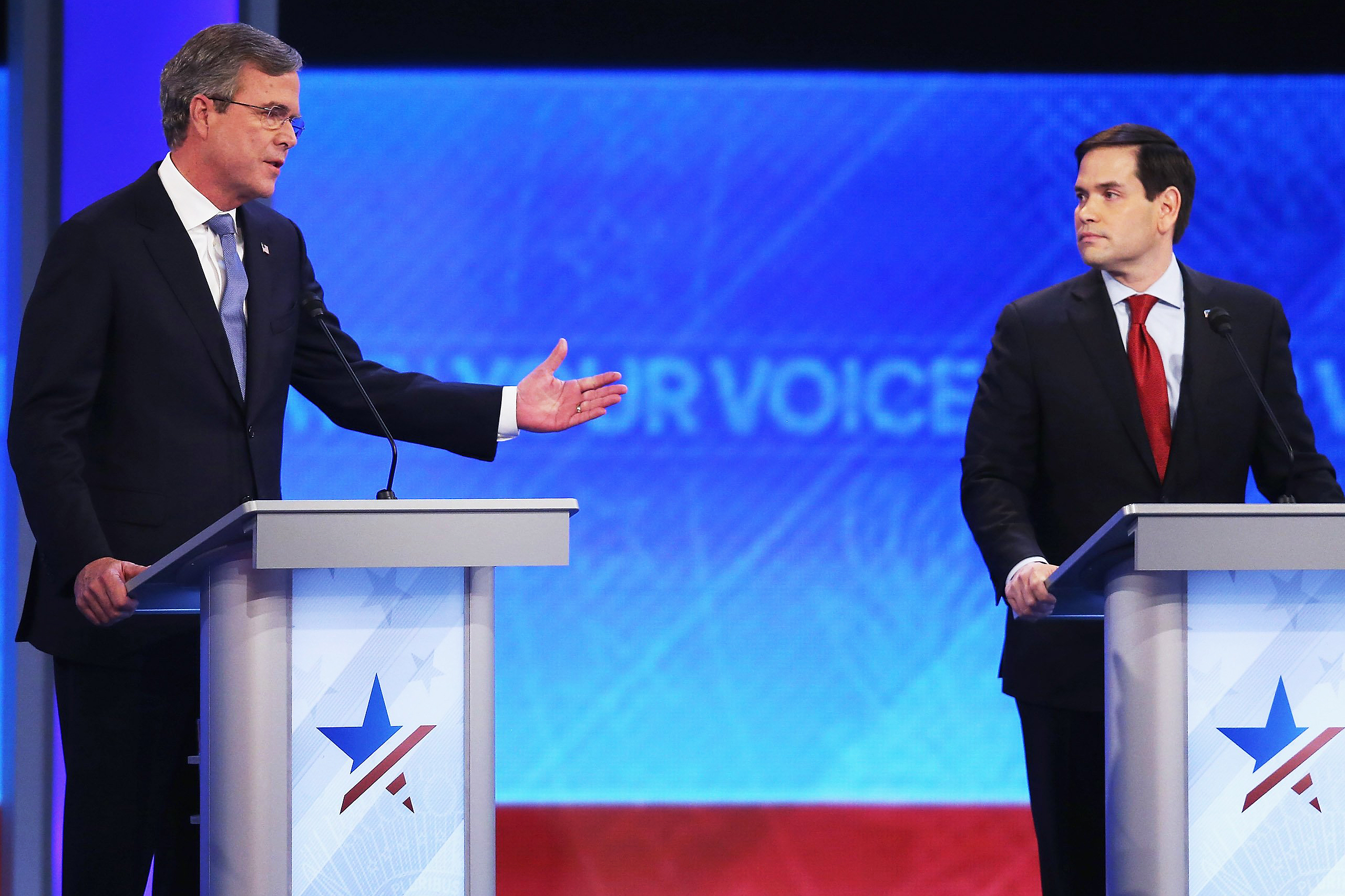 Republican presidential candidates Jeb Bush and Sen. Marco Rubio (r-FL) participate in a Republican presidential debate on Feb. 6, 2016 at Saint Anselm College in Manchester, N.H.