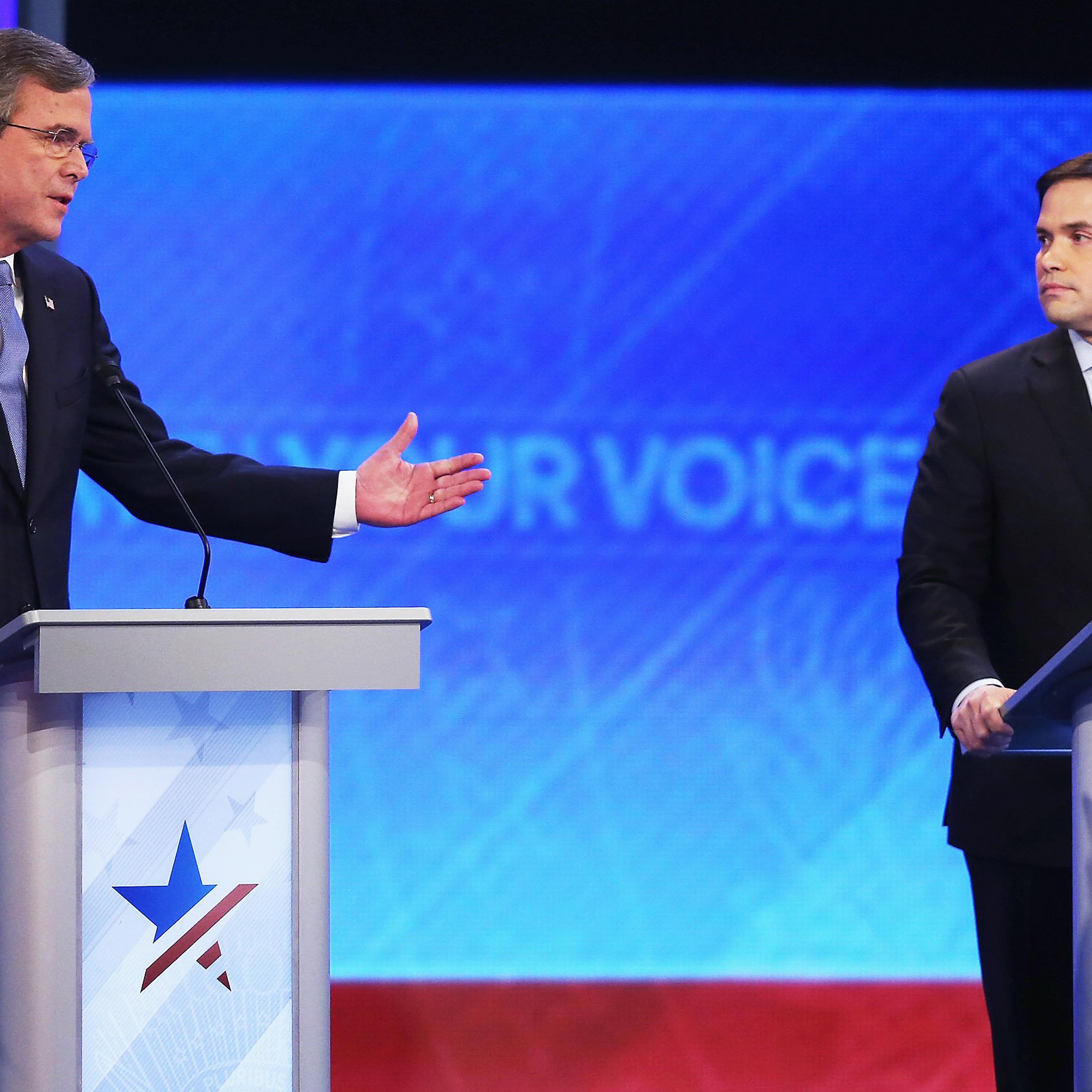 Republican presidential candidates Jeb Bush and Sen. Marco Rubio (r-FL) participate in a Republican presidential debate on Feb. 6, 2016 at Saint Anselm College in Manchester, N.H.