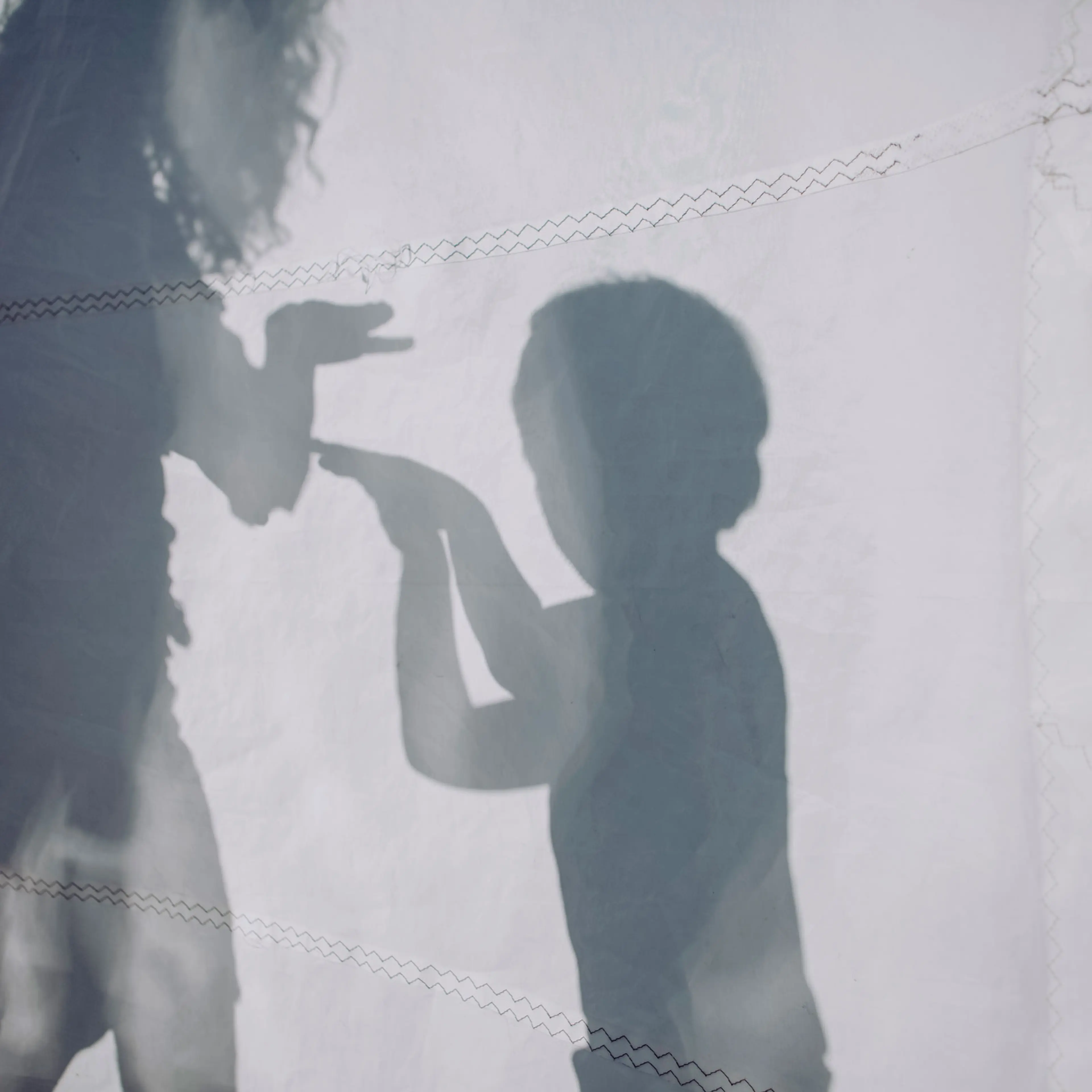 Family doing a shadow play behind sail