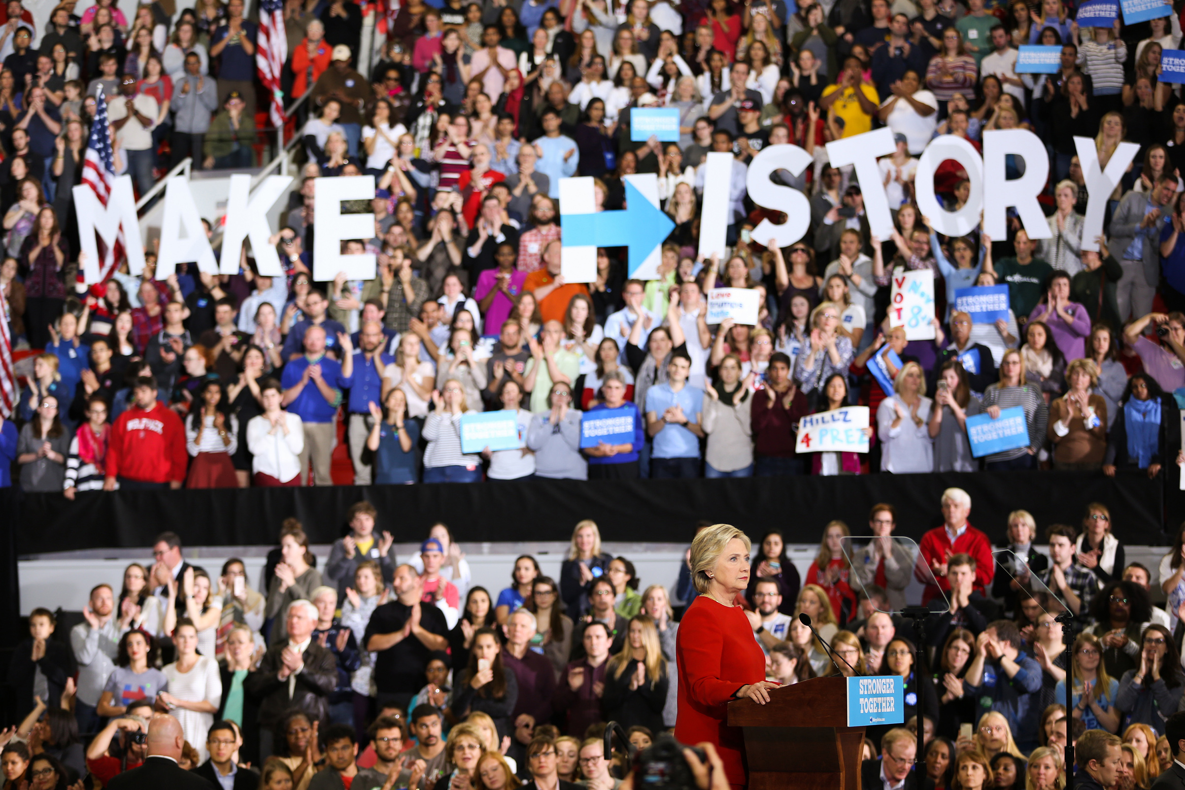 Hillary Clinton addresses the crowd on the final campaign stop before election day, in Raleigh, N.C.