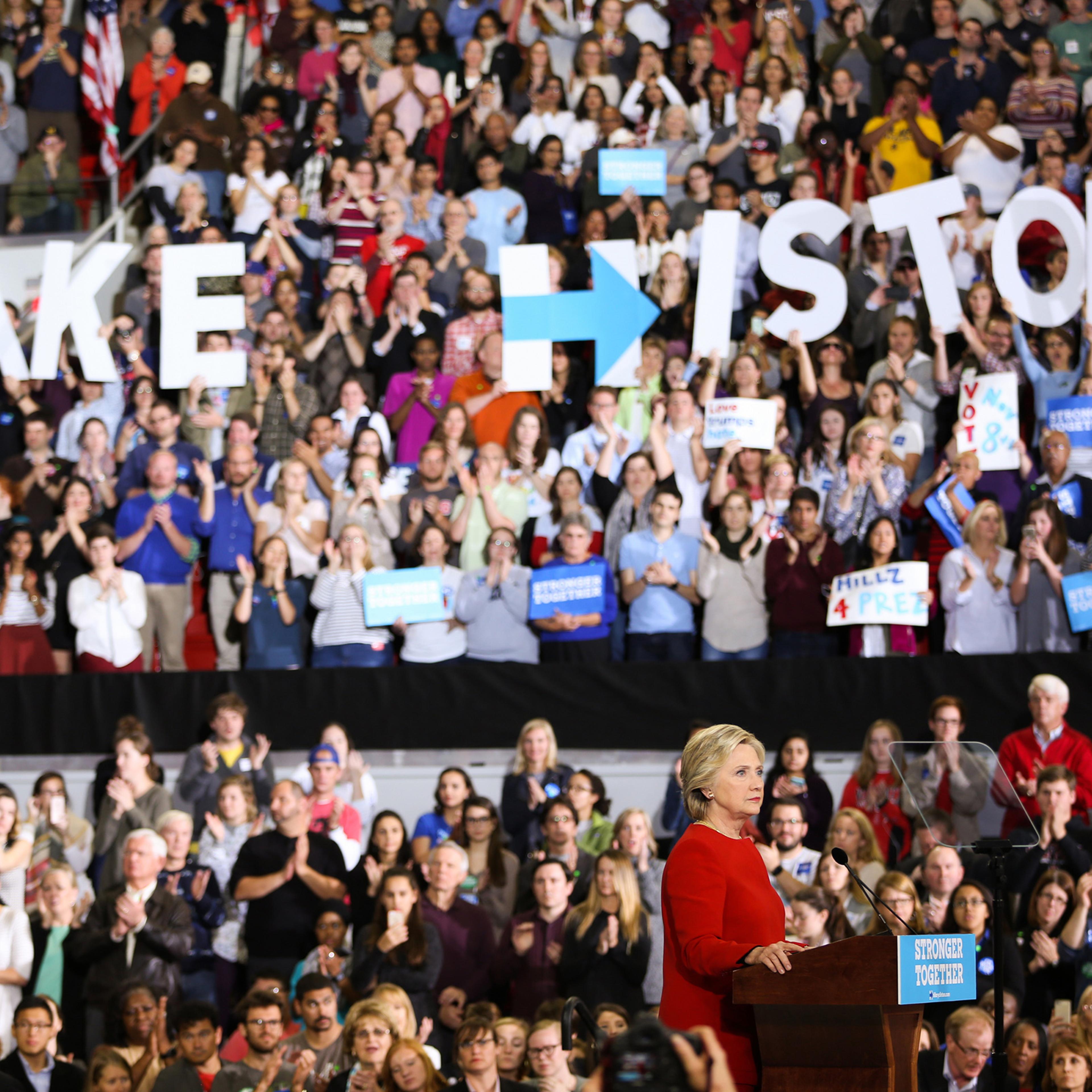 Hillary Clinton addresses the crowd on the final campaign stop before election day, in Raleigh, N.C.