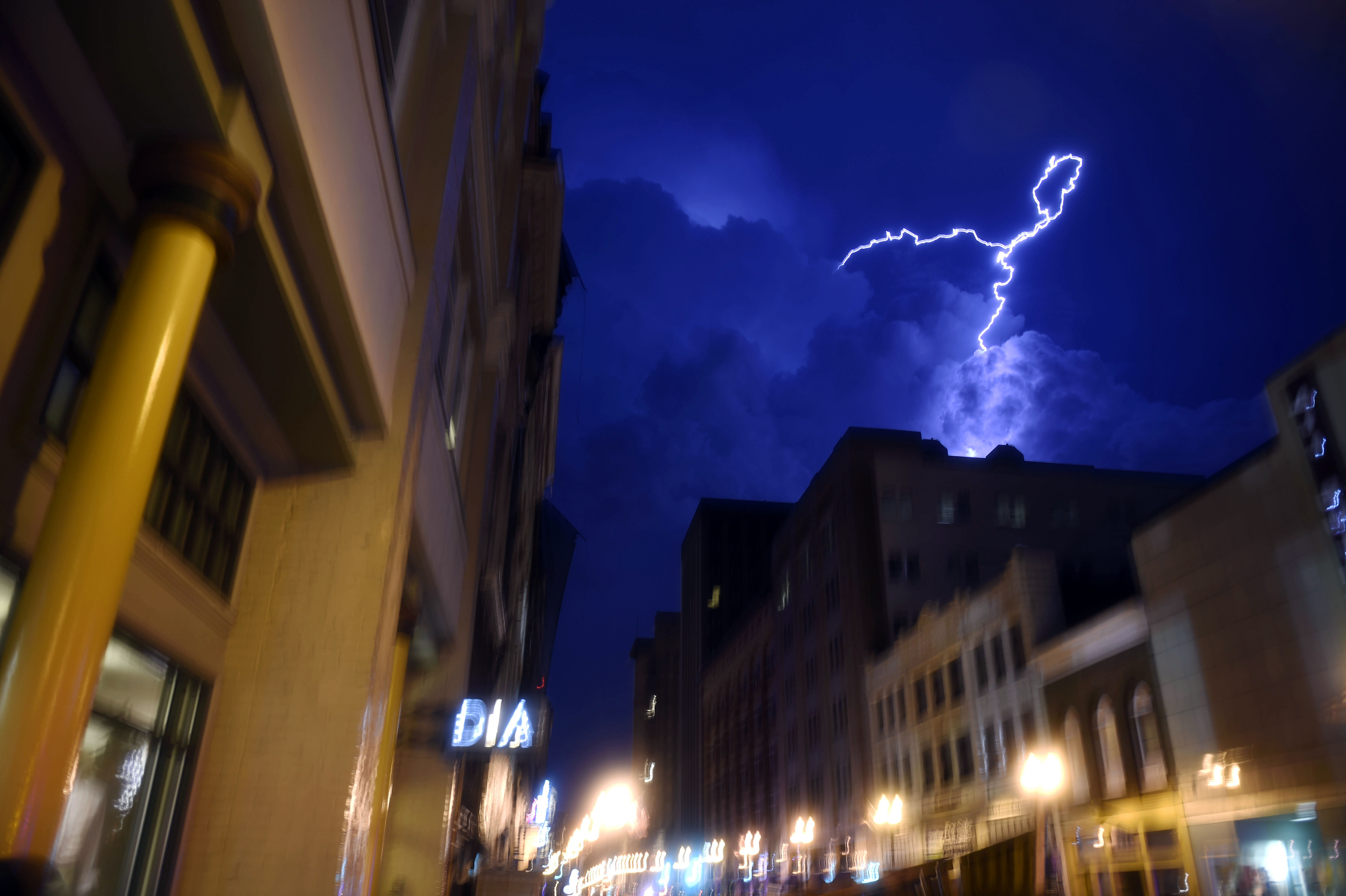 Lightning strikes over downtown in Knoxville, Tenn., on July 27, 2014.
